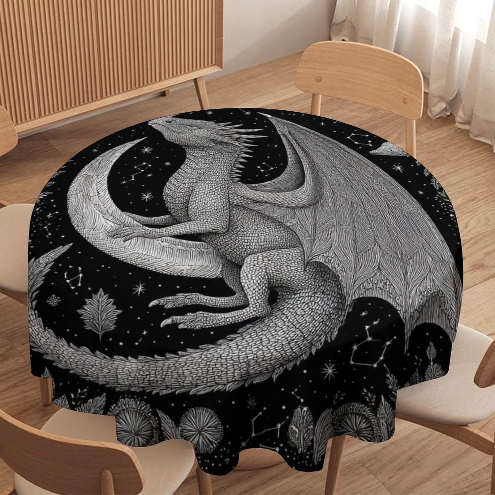LUYYSKY Rustic Cute Dragon Waterproof Round Tablecloth Classic Watercolor Constellation Fantasy Animals Dragon Washable Table Cover for Kitchen-60 Wx60 L