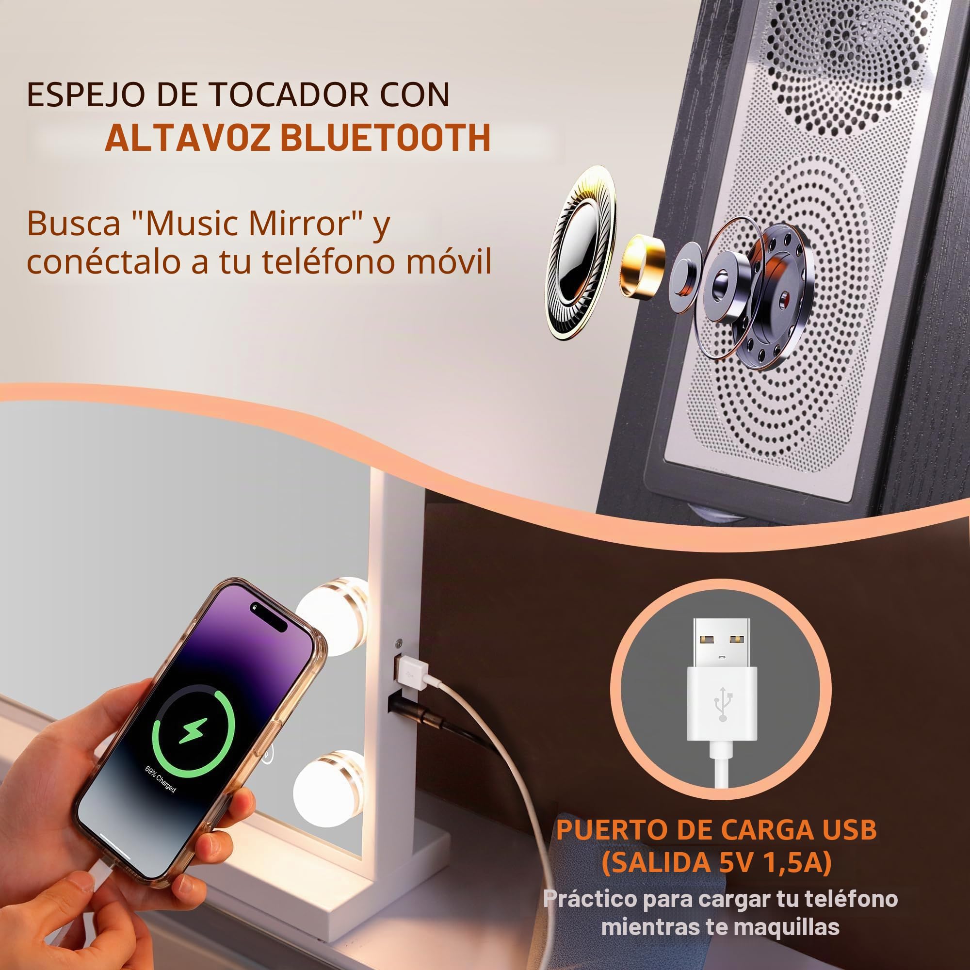 FENCHILIN Espejo Grande de Pared, de Maquillaje con Altavoz. Tocador con 18 Lámparas LED Regulables Puerto de Carga USB. Hollywood con Luz de Mesa 80x58cm
