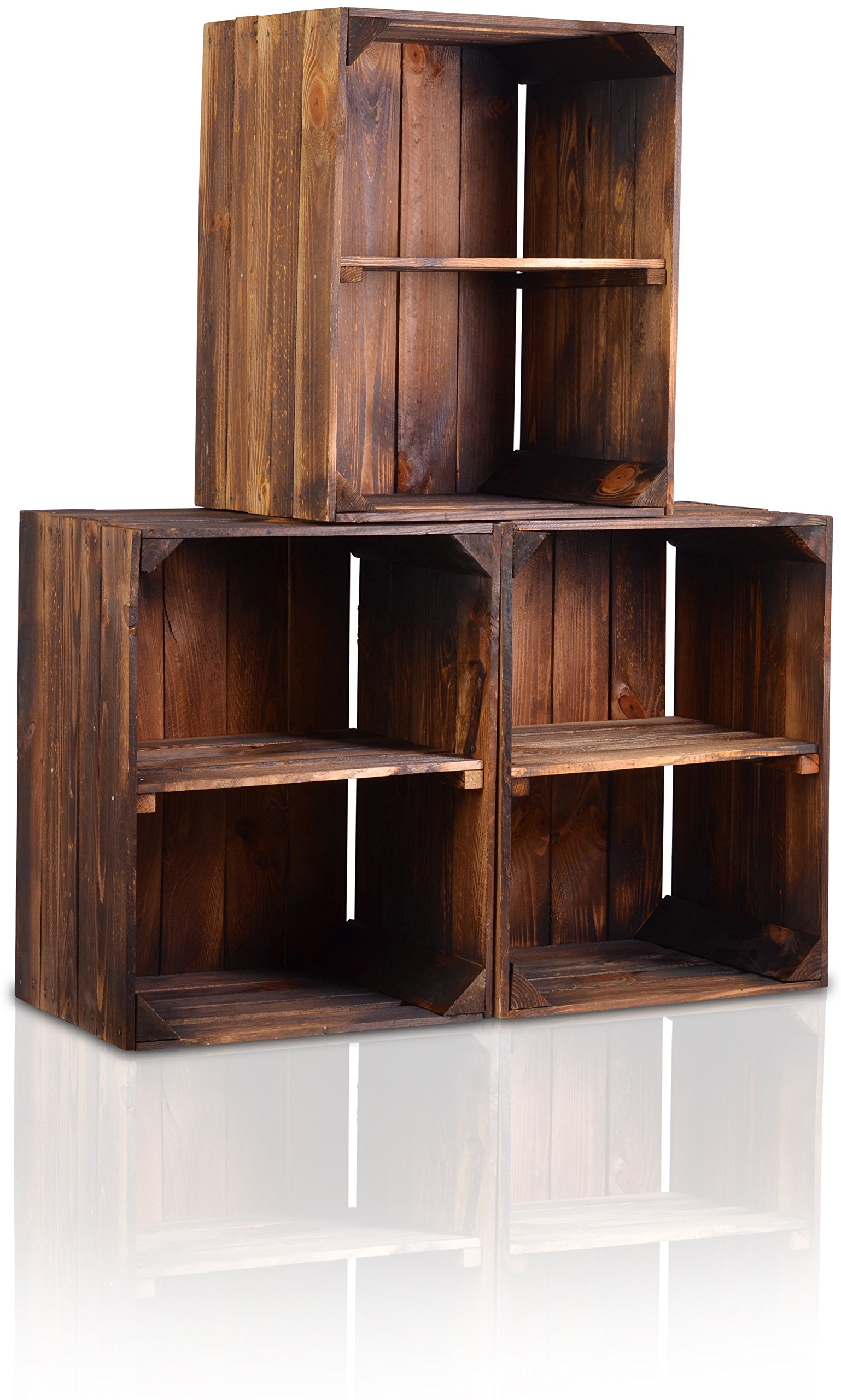 3 Set Holzkiste im Vintage Look geflammt dunkel Kurze Ablage - Obstkiste
