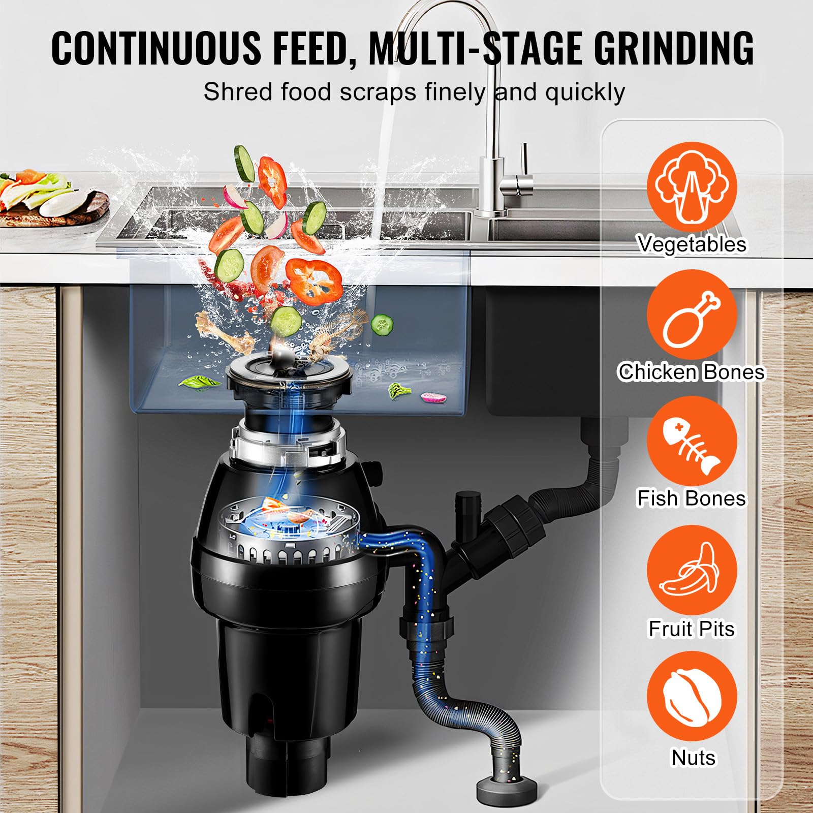VEVOR Triturador de Basura para Fregadero de Cocina, 3/4 HP, Sistema de Eliminación de Residuos de Alimentos, 3930 RPM, con Cable de Alimentación, para el Hogar, Cocina, 185 x 185 x 395 mm, Negro