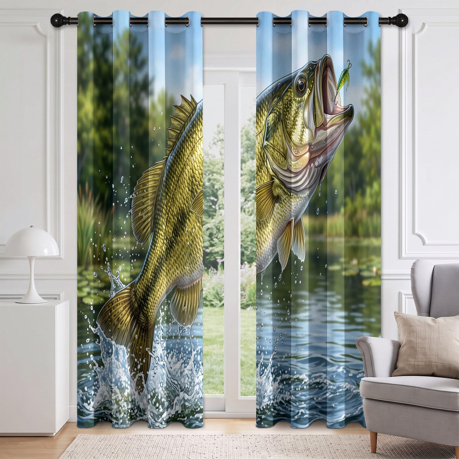 Realistic Wildlife - Cortinas 100 % opacas, 2 paneles, 46 pulgadas de ancho x 54 pulgadas de largo, para entusiastas de la pesca de lubina, con ojales, aislamiento térmico, ahorro de energía, para
