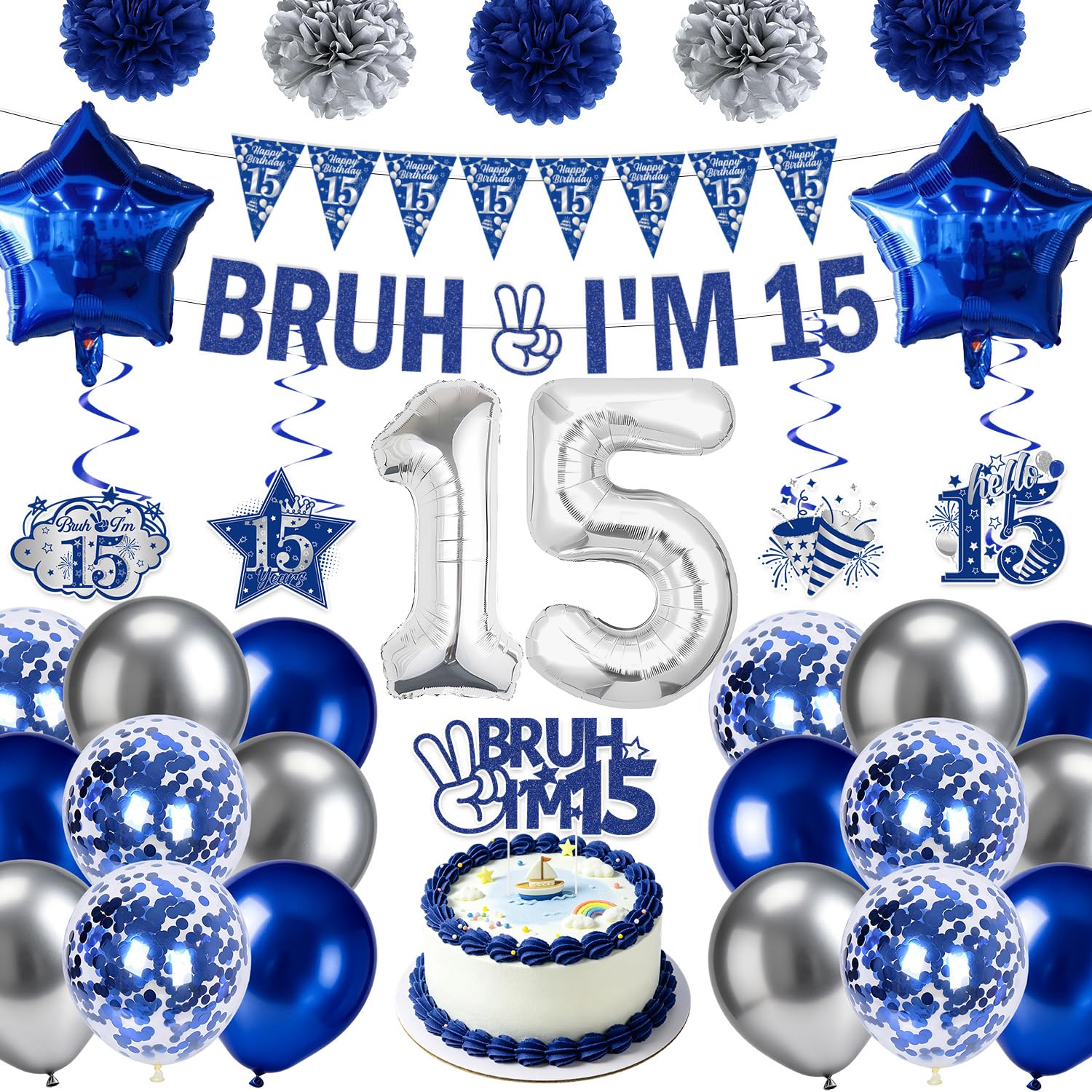 Eiapadeor 15th Birthday Decorations for Boys - 34 Pcs Blue Bruh I'M 15 Banners with Hanging Swirls Balloons Paper Pompoms Cake Toppers for Boys Happy 15 Years Old Birthday Party Decor Set