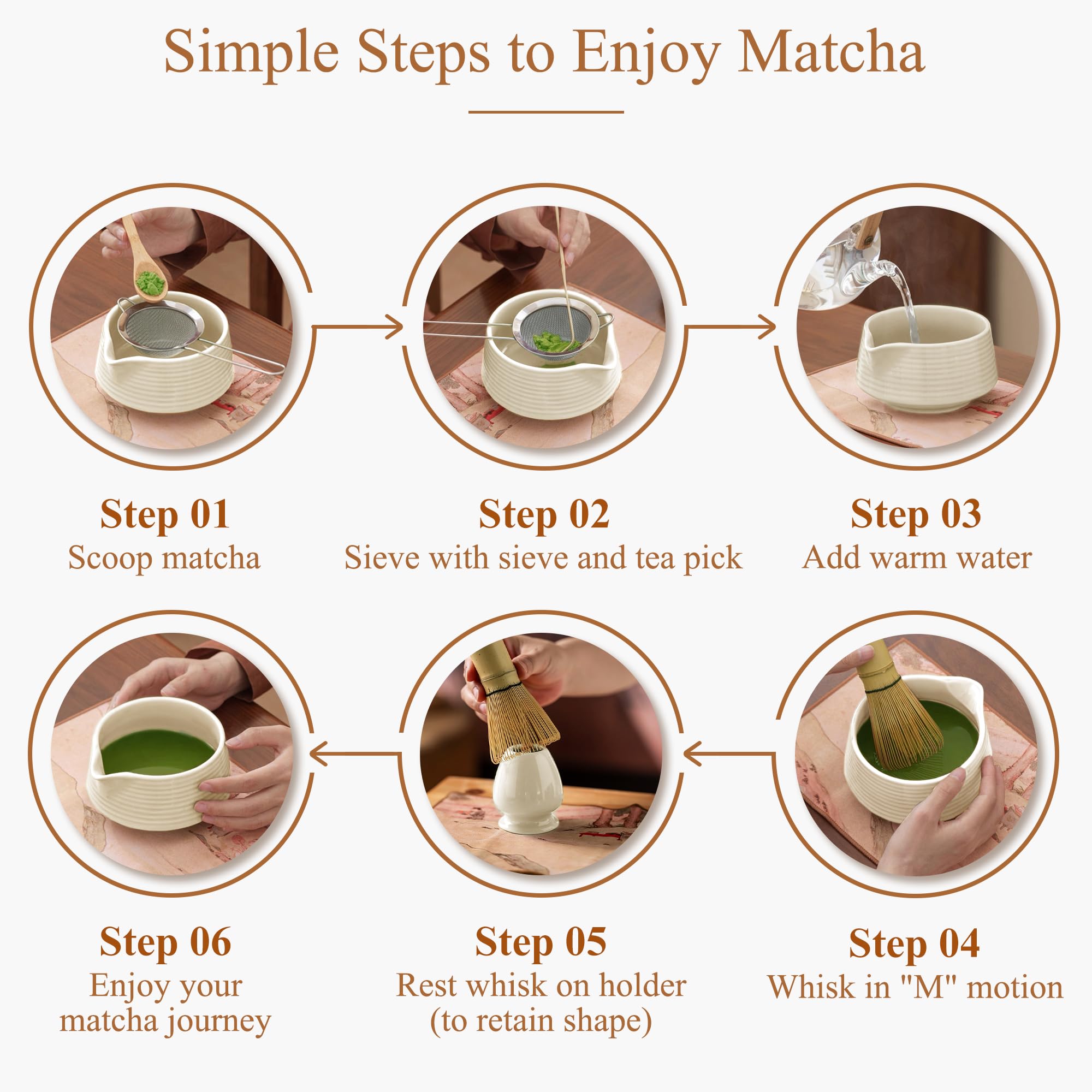 Kit Té Matcha Completo 8 Piezas con Cuenco de Cerámica con Pico 510 ml, Batidor de Bambú, Cuchara, Tamiz y Soporte, Set Japonés para Matcha Latte, Ceremonia del Té, Regalo Original