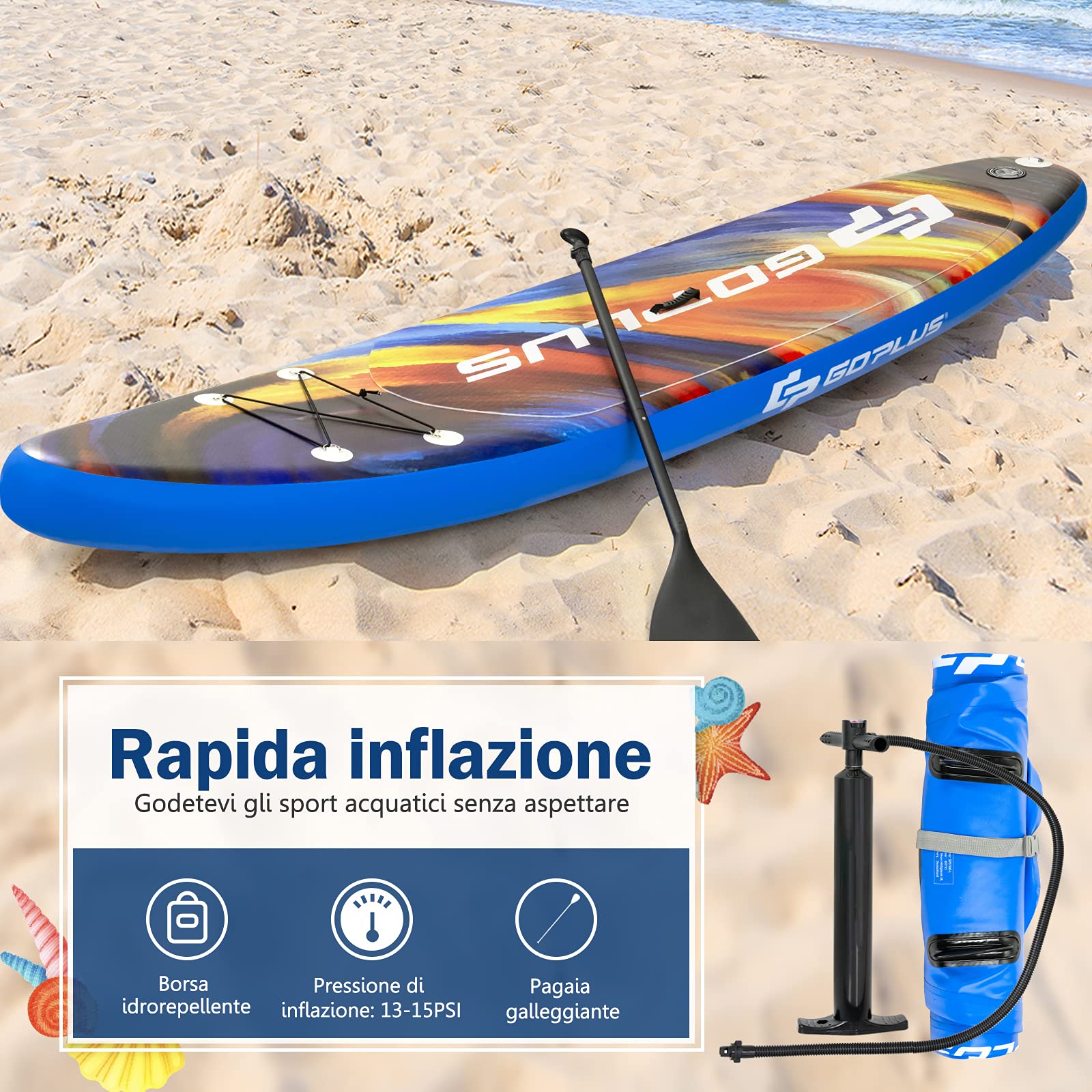 COSTWAY SUP Gonfiabile 335/320 cm, Stand Up Paddle Gonfiabile con Pinne, Leash, Pagaia, Pompa, Kit di Riparazione e Borsa, Carico Massimo 120 kg