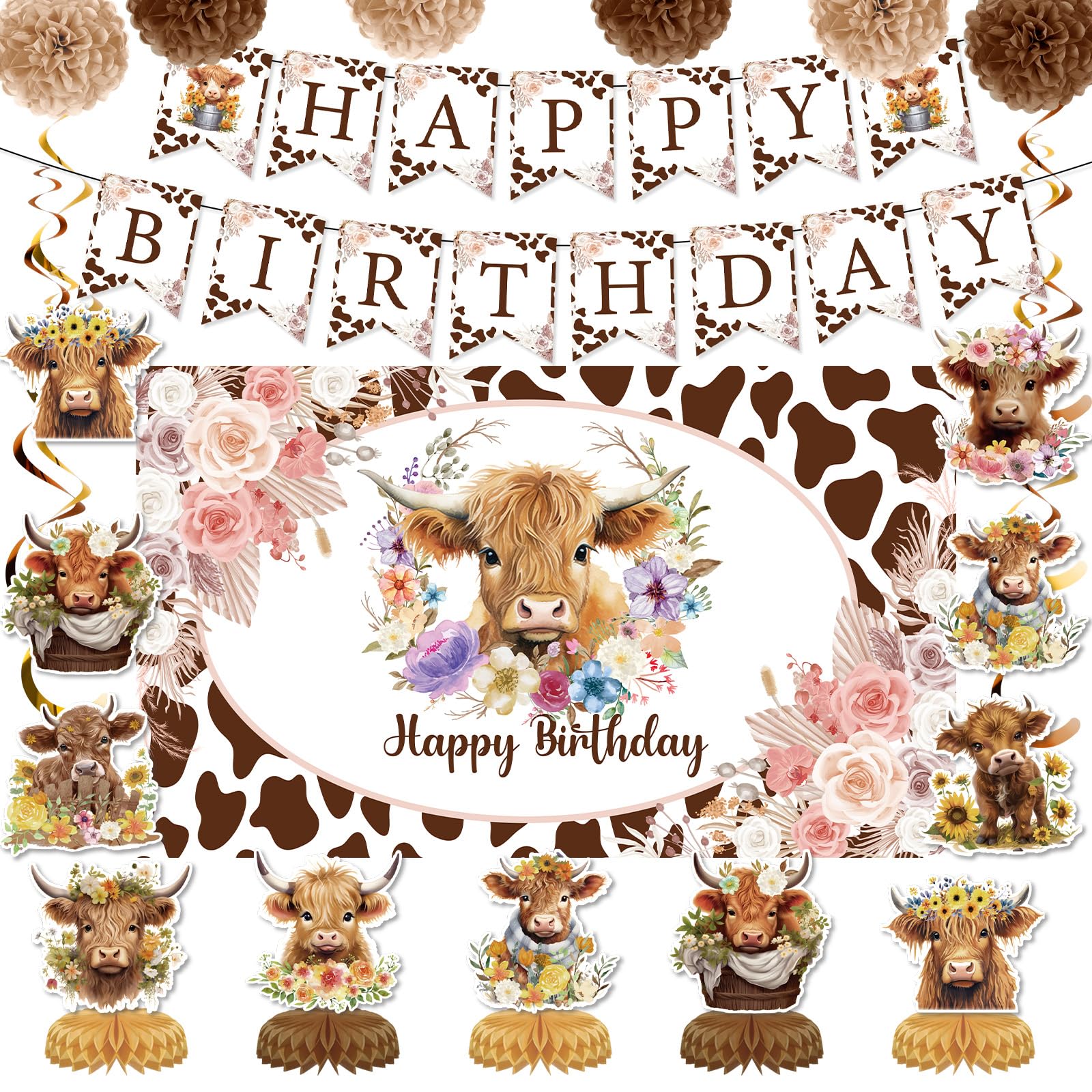 19pcs Highland Cow Birthday Party Decorations for Girls Women Boho Highland Cow Party Supplies with Floral Cows Print Happy Birthday Banner Hanging