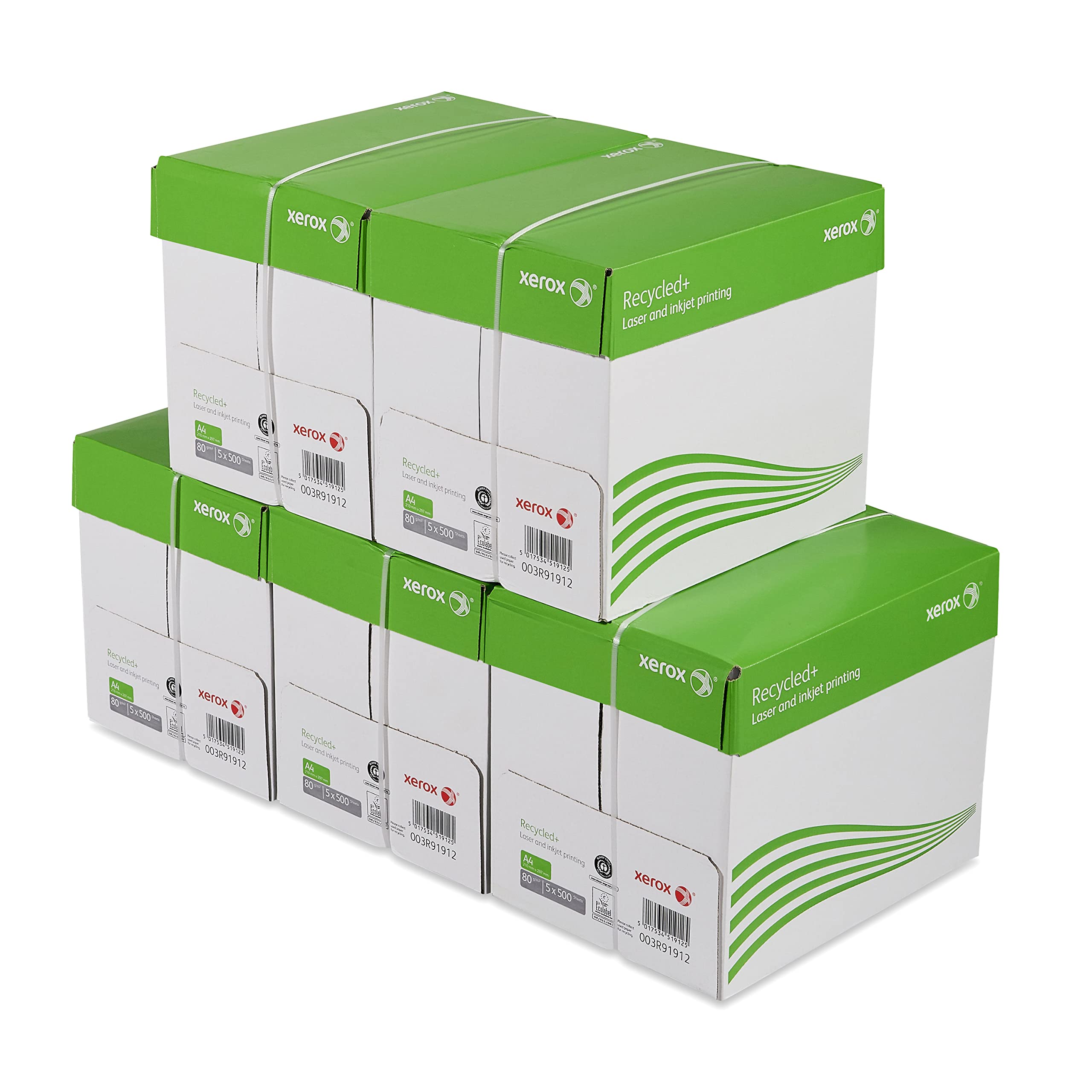 Xerox Recycled+ White Recycled Paper ISO 80 GSM A4 Pack of 5 Cards 25 Reams of 500 Sheets 12,500 Sheets