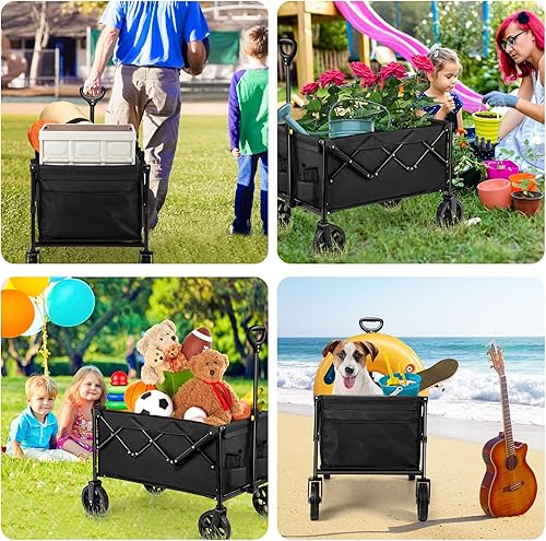 Miniatura 7 de Carro plegable resistente, grande, plegable, con 2 soportes para bebidas, carrito de jardín utilitario para exteriores, playa, compras, comestibles,