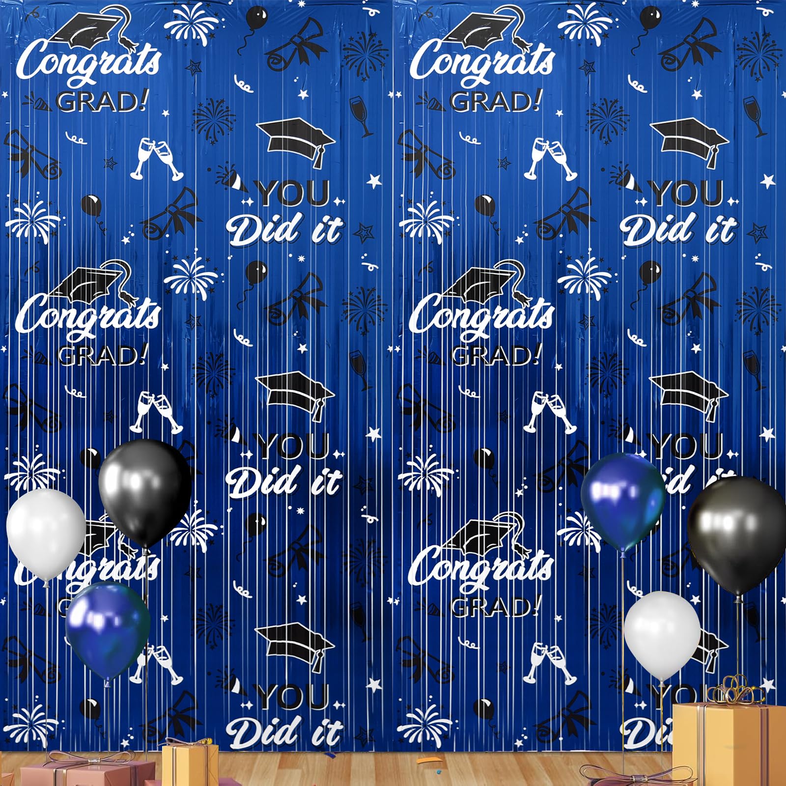 2025 Graduation Foil Fringe Curtains, 2 Pack 3.2×6.5 ft Blue Black Graduation Backdrop Decorations Photo Booth Tinsel Curtain Backdrop for Graduations