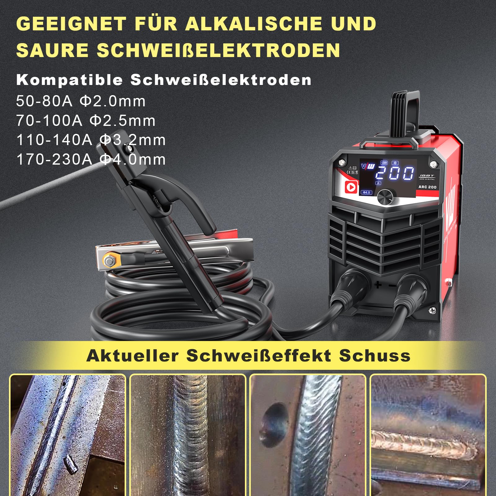 VECTOR WELDING Elektroden Schweißgerät Set, Schweißgerät Elektrode ARC 200, Inverter Elektro Schweissgerät - Digitales Display - Inklusive Schweißhelm und umfassendem Zubehör