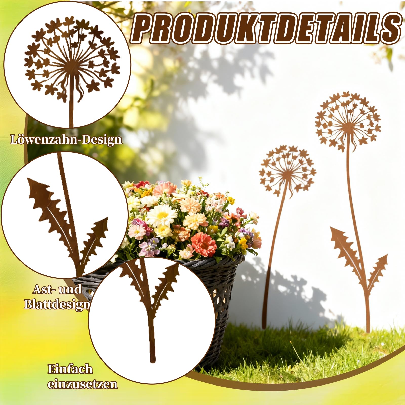 Scinzene 2er Set Gartenstecker Rost Pusteblume 28cm - Gartendeko Für Draußen Wetterfest Metall - Blumenstecker Edelrost Löwenzahn - Balkon Deko Wetterfest, Gartendeko Rost - 3