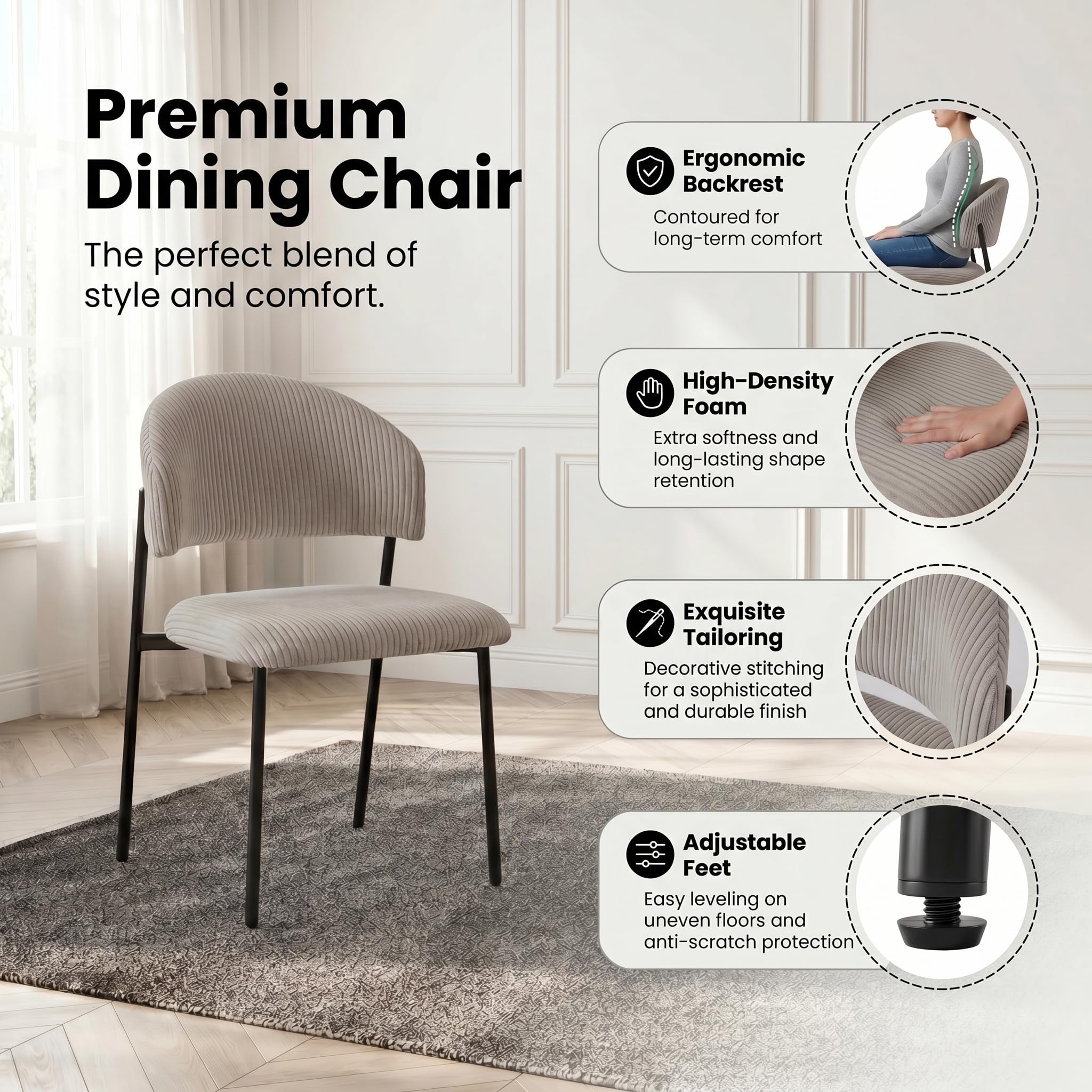 JIEXI Juego de 4 mesas de Comedor Redondas Extensibles, 110-150 cm, Acabado de Roble MDF, 4 sillas de Pana, Estilo Moderno y contemporáneo para Comedor y Cocina
