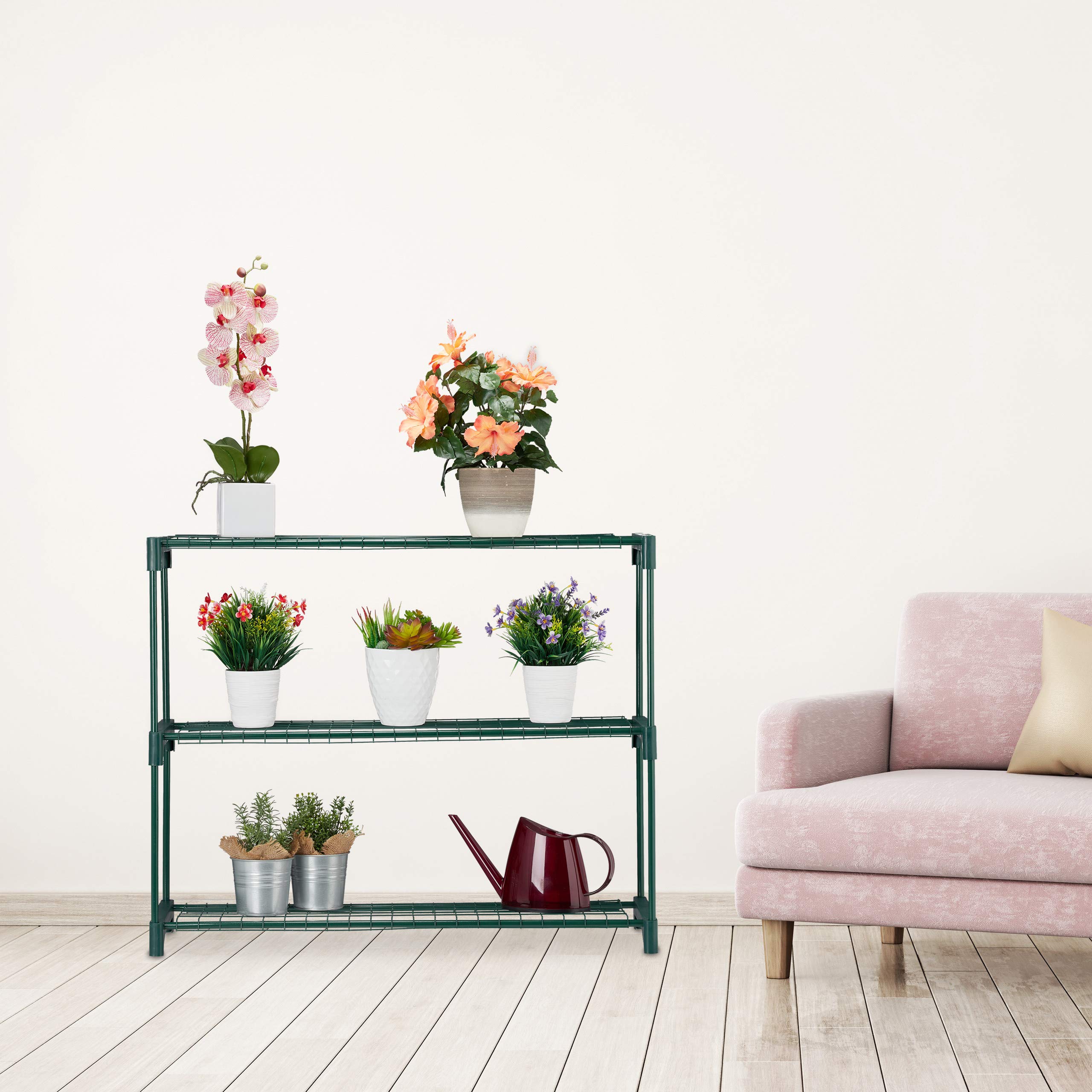 Relaxdays Estantería Plantas, Soporte Macetas, Estantes Flores, 3 Baldas, Metal-Plástico, 1 Ud., 74,5x91x28,5 cm, Verde