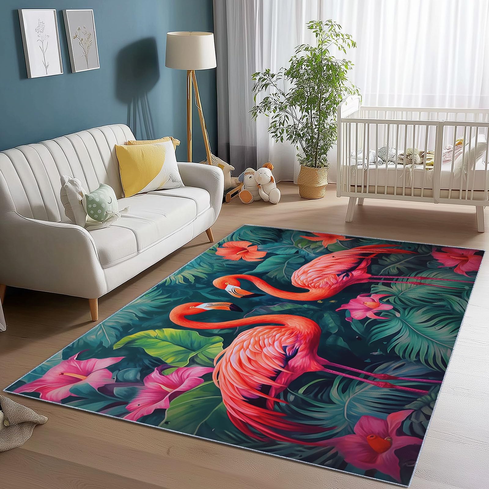 Dywan flamingotropowy, naturalny, miękkie krótkie runo, do salonu, sypialni, antybakteryjny, podkładka antypoślizgowa, klasyczna i czerwony proszek, z nadrukiem, 180 x 250 cm