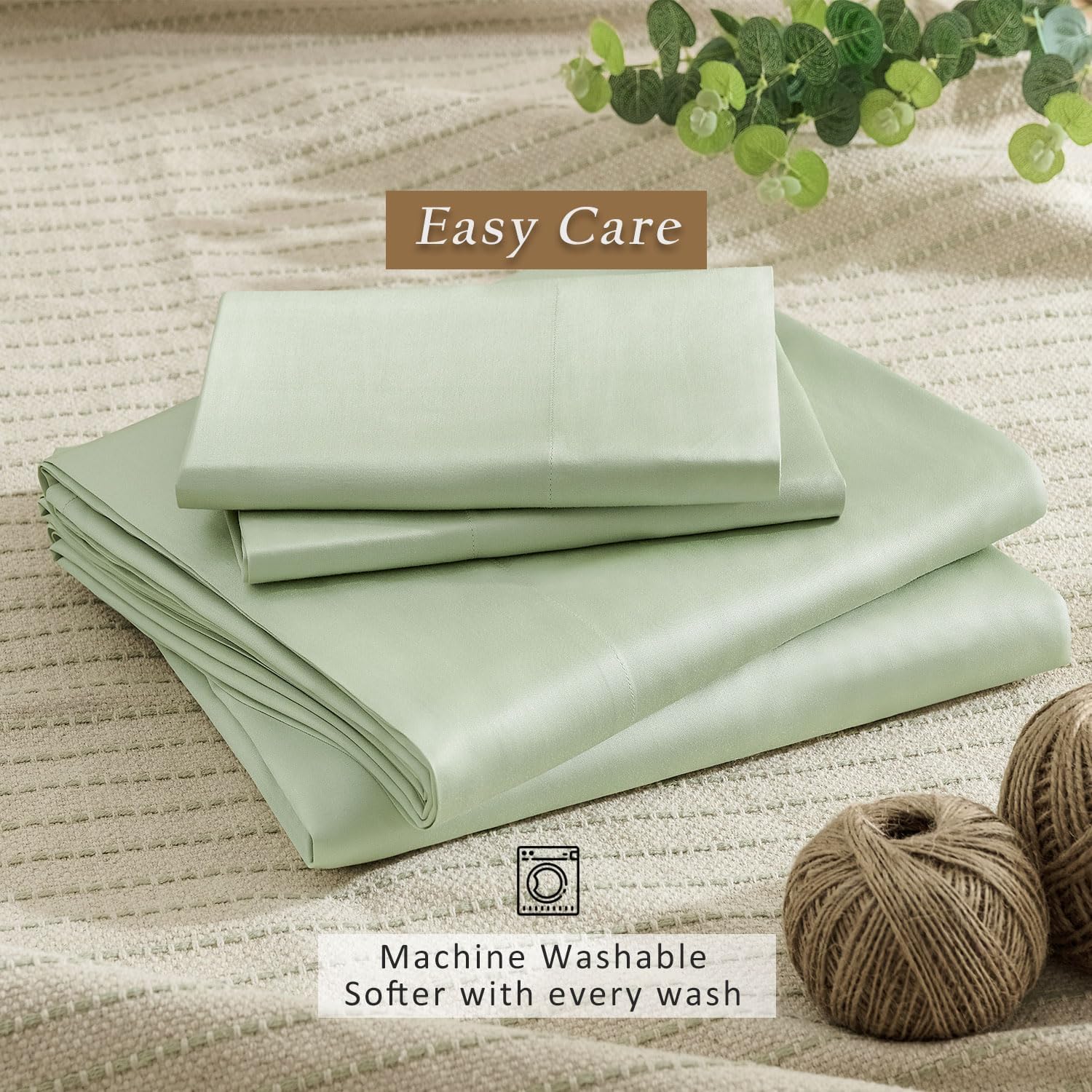 TOSMO Luxury Cooling Sheets - 100% Viscose from Bamboo, 4-Piece Bedding Set (King Size) - 18” Extra Deep Pockets, Oeko-Tex Certified, Silky Soft and Breathable, Tea Green