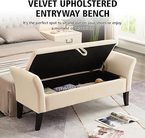 Miniatura 3 de NIOIIKIT Banco otomano tapizado de terciopelo de 51.5 pies con parte superior abatible, banco largo para dormitorio o sala de estar (beige)