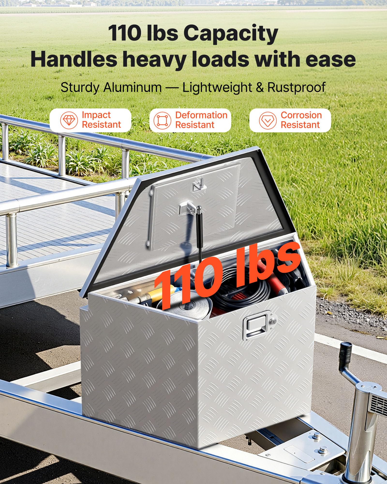 VEVOR Deichselbox Truckbox 737 x 410 x 457 mm aus Aluminium, 50 kg Belastbare Werkzeugaufbewahrungsbox mit Schloss & Schlüsseln, Anhängerbox für Pickup-Ladeflächen Wohnmobile SUVs Geländewagen, Silber