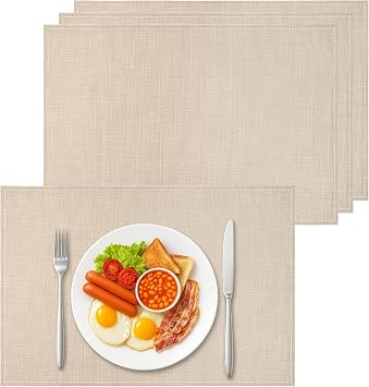 Bloss Beige Placemats Set of 4-12x18 Inch Washable Heat-Resistant Table Mats Set of 4 for Dining Table, Easy to Clean Seasonal Linen Placemats for Kitchen Table Decor, Individuales para Mesa