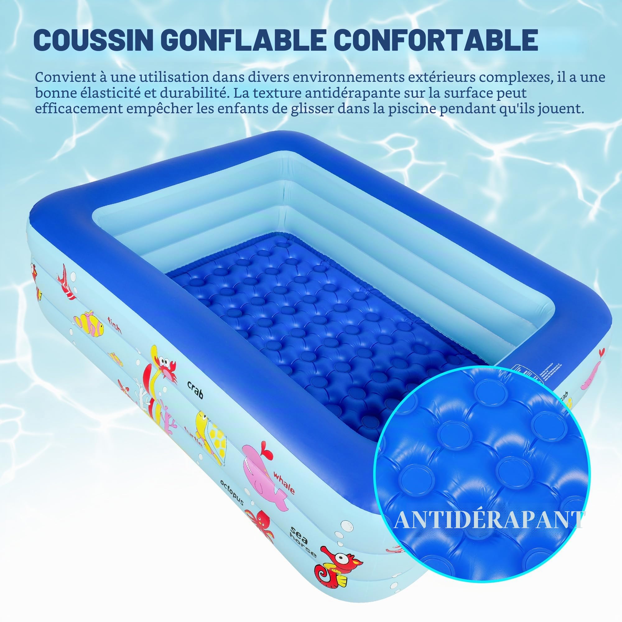 Piscine gonflable rectangulaire avec pompe, 180 x 140 x 50 cm, PVC durable, installation facile, kit de réparation inclus, pour s'amuser en plein air en famille en été