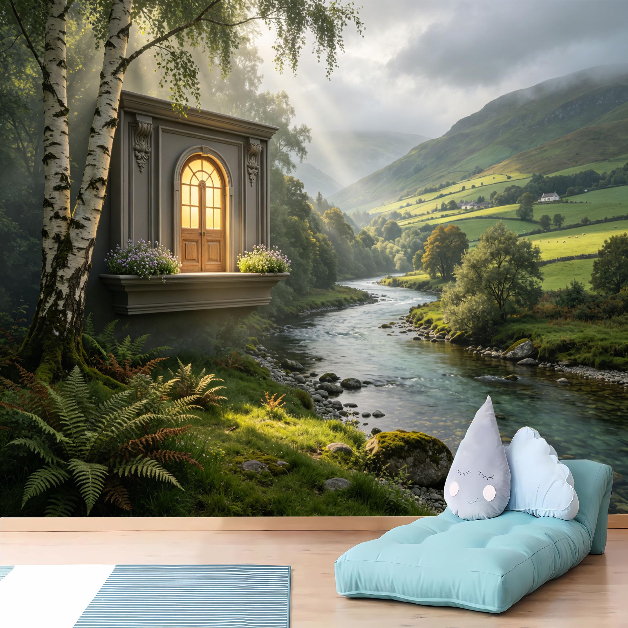 Custom Size Wall Murals Classic Frame Countryside River Wall Murals Landscape Wallpaper Wall Covering Fabric Self-Adhesive Removable Wallpaper for Living Room Bedroom