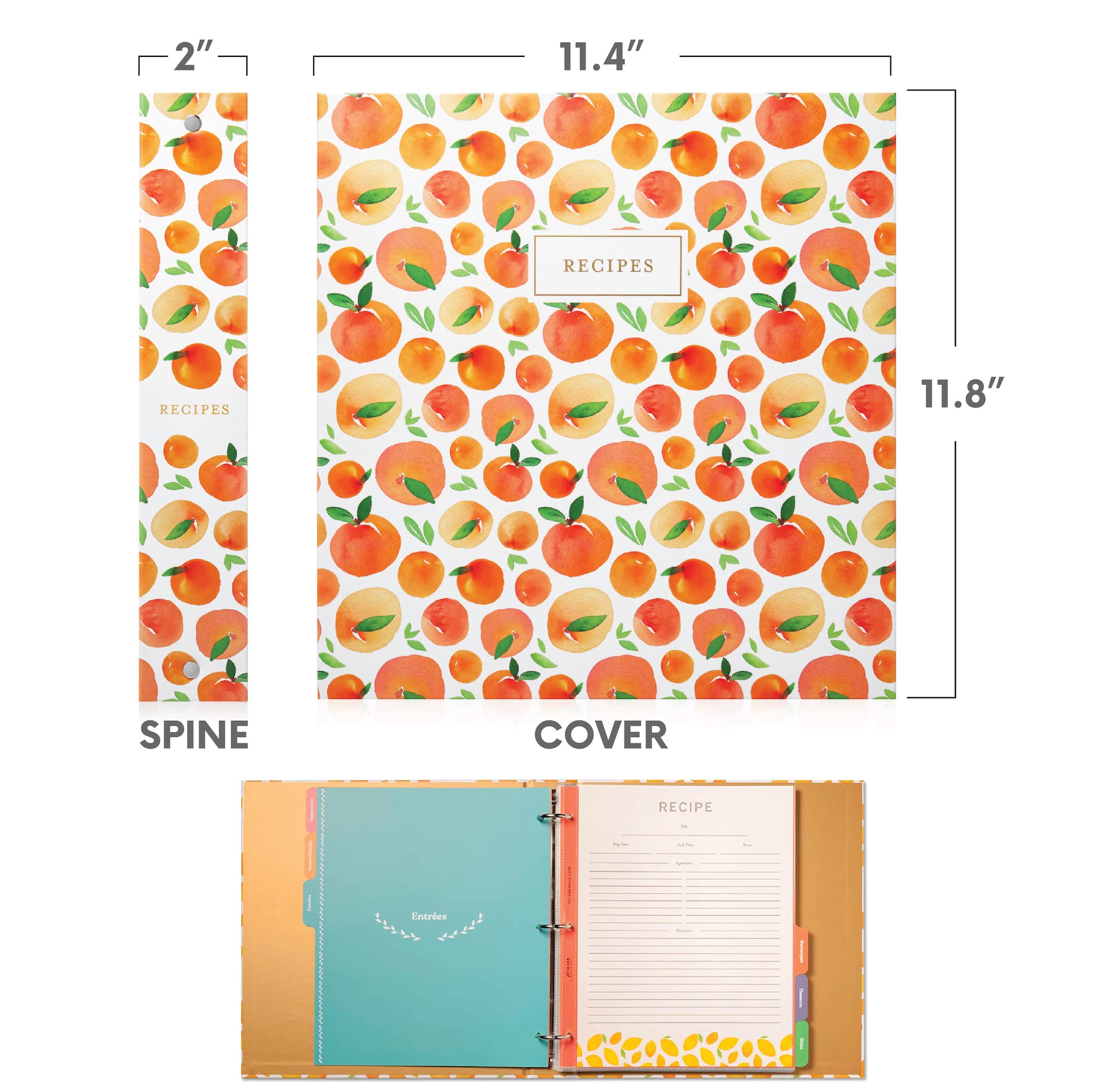 Jot & Mark Raccoglitore per ricette a 3 anelli, 21,6 x 27,9 cm, robusto, con maniche trasparenti a prova di fuoriuscite, 30 pagine per ricette scritte e stampate, divisori a schede, Peach Dream