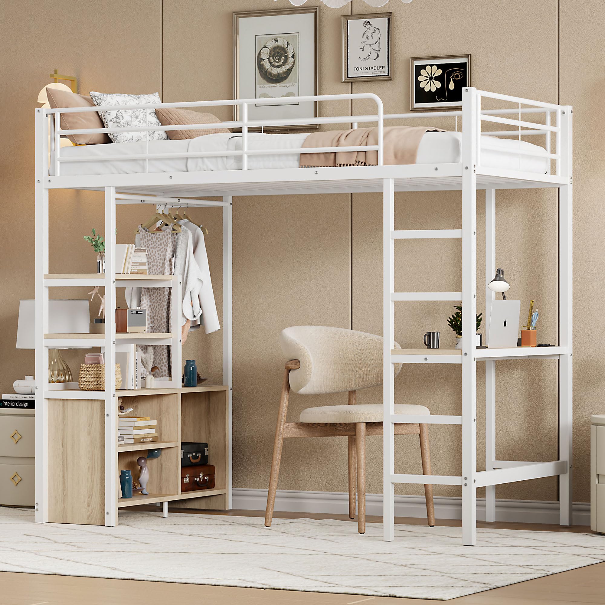 Merax Kinderbett Hochbett 90x200, Etagenbett mit Schreibtisch, Steckdose & USB, Metallbett mit Kleiderschrank und Regale, Bettgestell(ohne Matratze) für Kinder und Erwachsene, Weiß