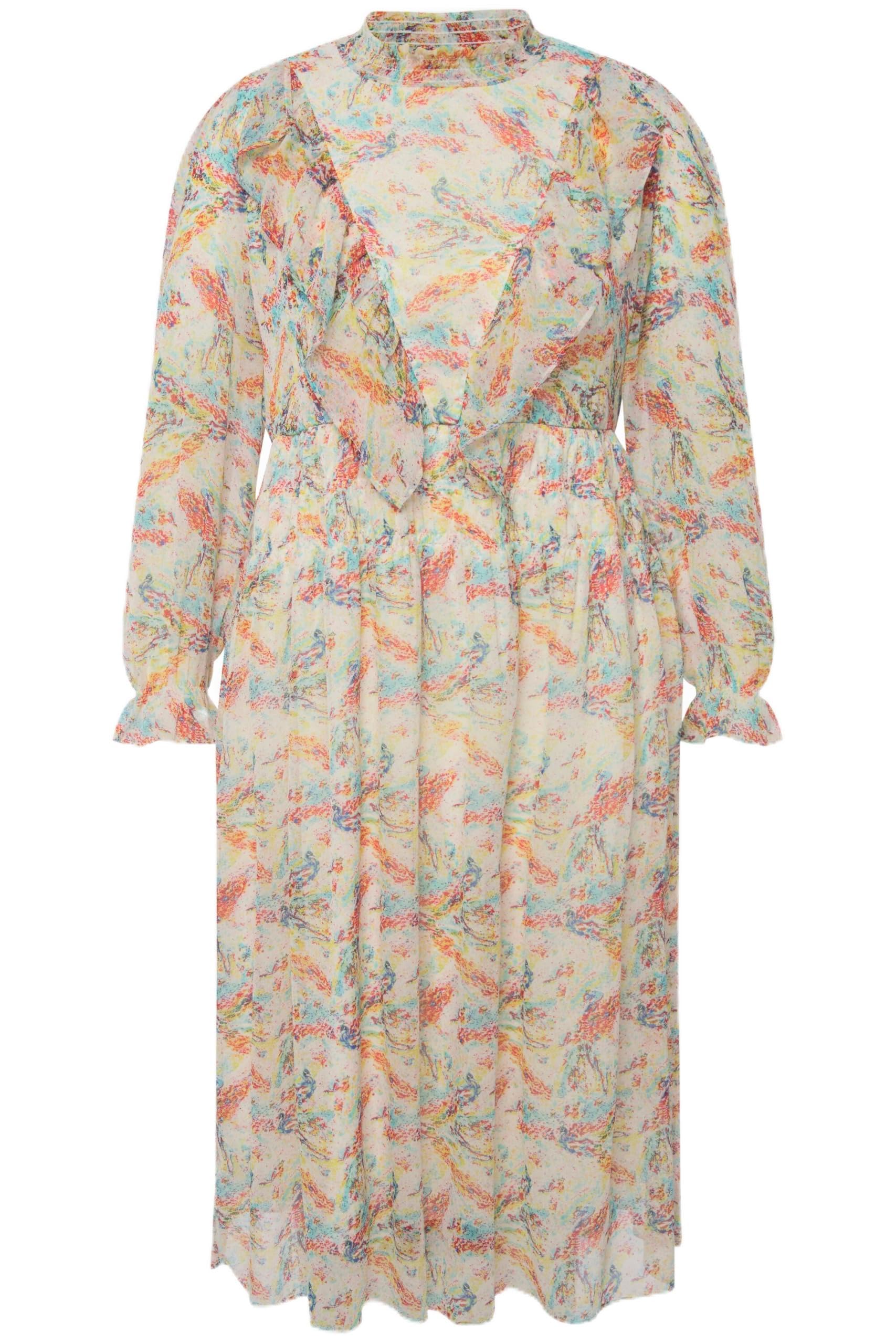 Studio Untold Damen große Größen Übergrößen Plus Size Midikleid, A-Line, Print, Rüschen-Stehkragen, Langarm 823309