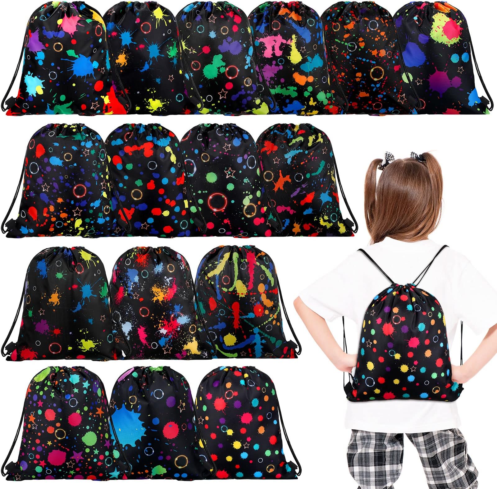 FunteryFuntery 32 Pcs Glow Party Drawstring Bags Glow Party Favors Neon Birthday Treat Bags for Teens Social Media Theme Gifts School Travel Supplies, 11.81 x 9.84 Inch