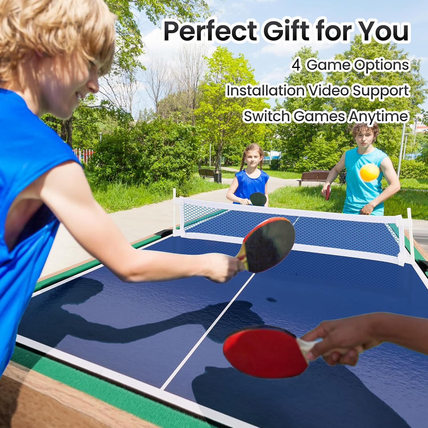4 in 1 Multi Sport Spieltisch, Combo Spieltisch für Kinder Billardtisch, Kickertisch, Tischtennistisch, Air Hockey mit allem Zubehör tolles Geschenk für Kinder (4ft, 1.2m)