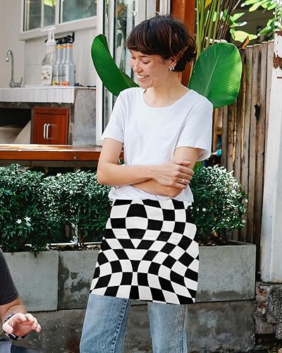 Miniatura 4 de Delantales de servidor a cuadros blancos y negros con 3 bolsillos, moderno delantal geométrico irregular para mujer y hombre, medio delantal