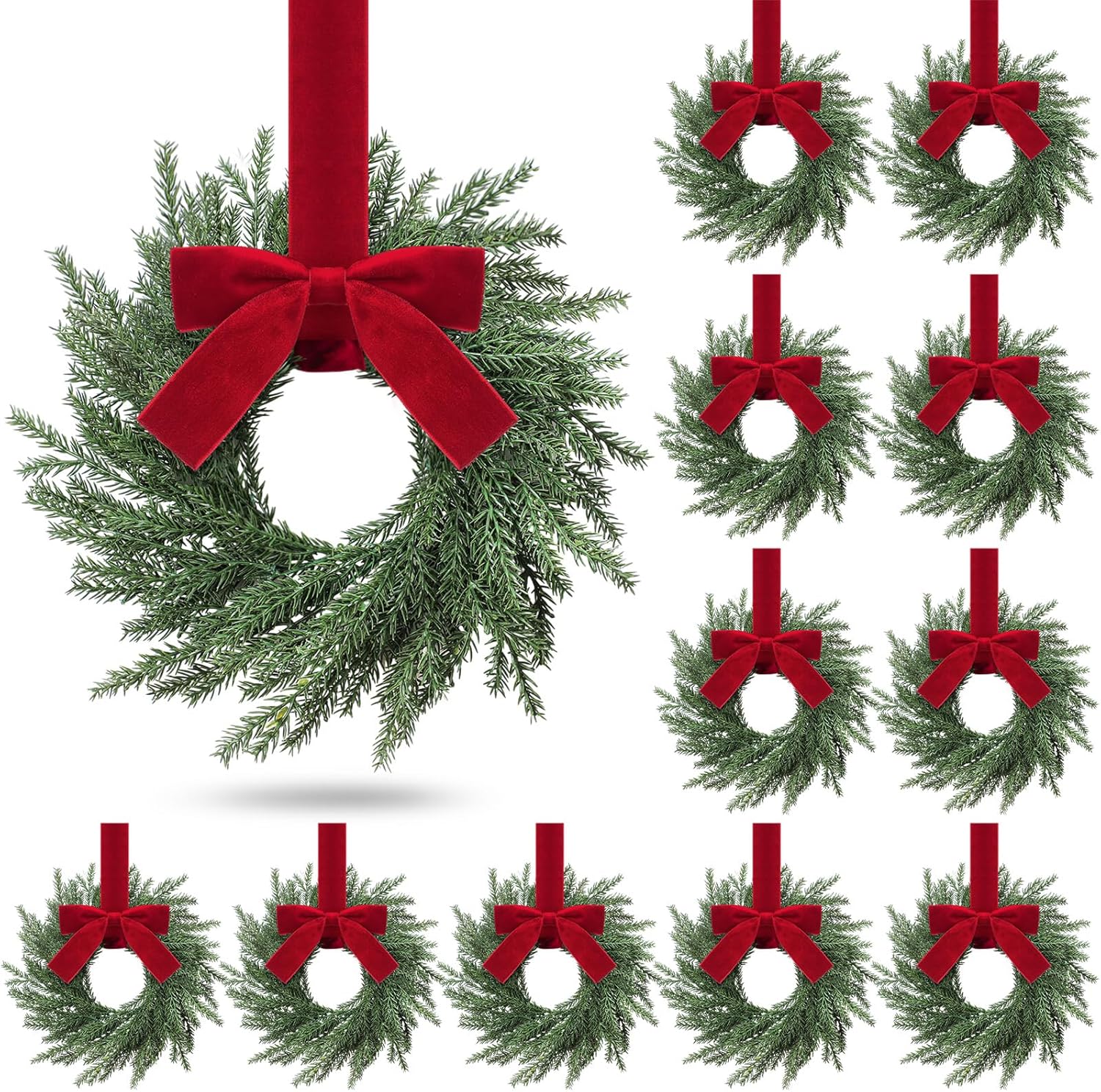 12 Pcs Small Christmas Norfolk Wreaths Evergreen 12.6 Inch Christmas Kitchen Cabinet Mini Wreaths Real Touch with Bow and Burgundy Ribbon for Xmas Front Door Window Home Table Pillar Decor