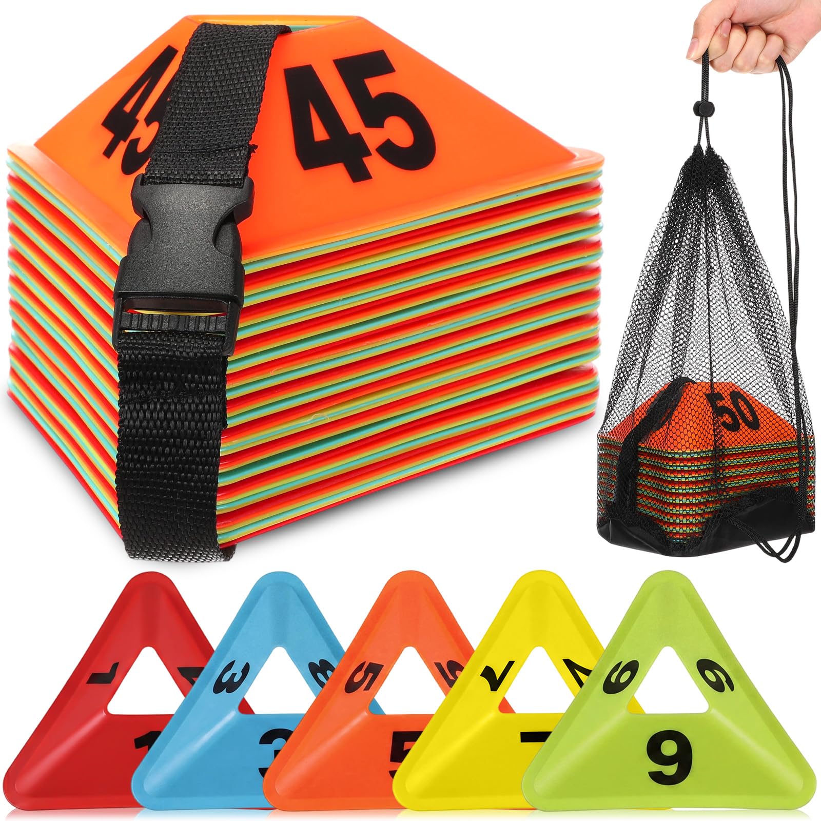 Liliful 50 Pack 1-50 Numbered Sports Cones Bulk, Triangular Soccer Cones for Training Agility Drills with Storage Mesh Bag for Football Practice Coaching Marker Equipment Basketball
