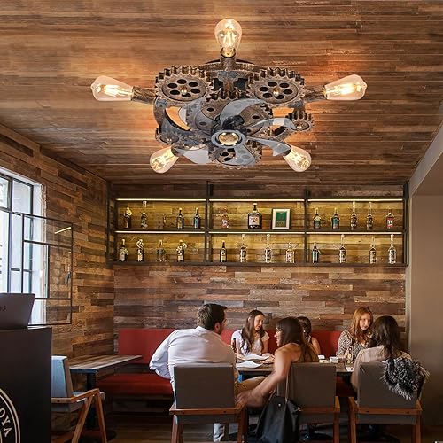 Miniatura 6 de Ventiladores de techo steampunk industriales retro de 20 pulgadas con luces y control remoto, ventilador de techo de perfil bajo sin aspas con luz,