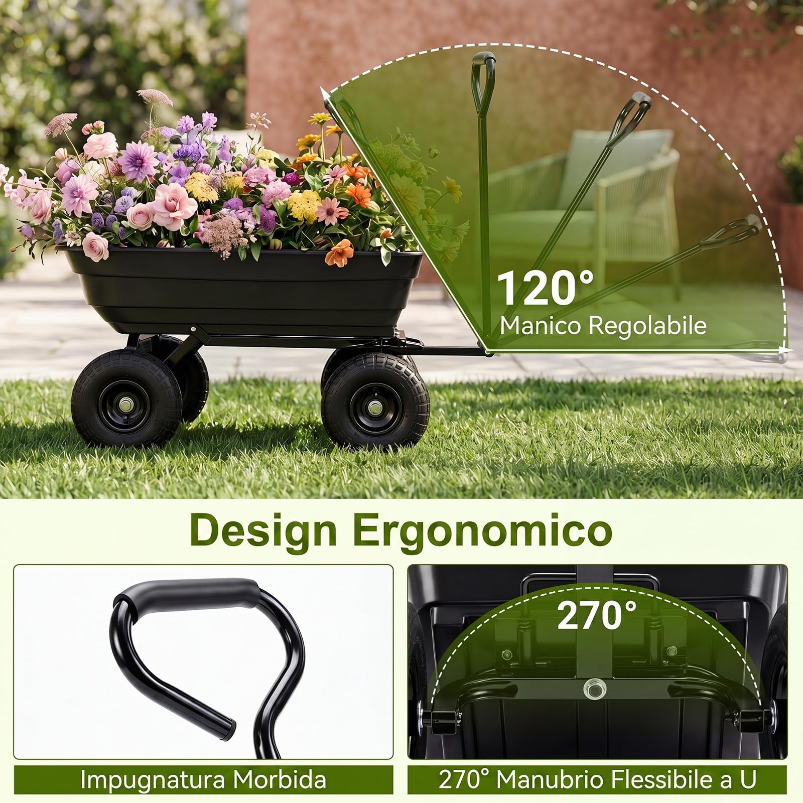 COSTWAY Carrello da Giardino 75 L Portata 300 kg, Carriola da Giardino Ribaltabile con 4 Ruote Pneumatiche, Manico Regolabile e Impugnatura Morbida, Carriola da Muratore da Esterno
