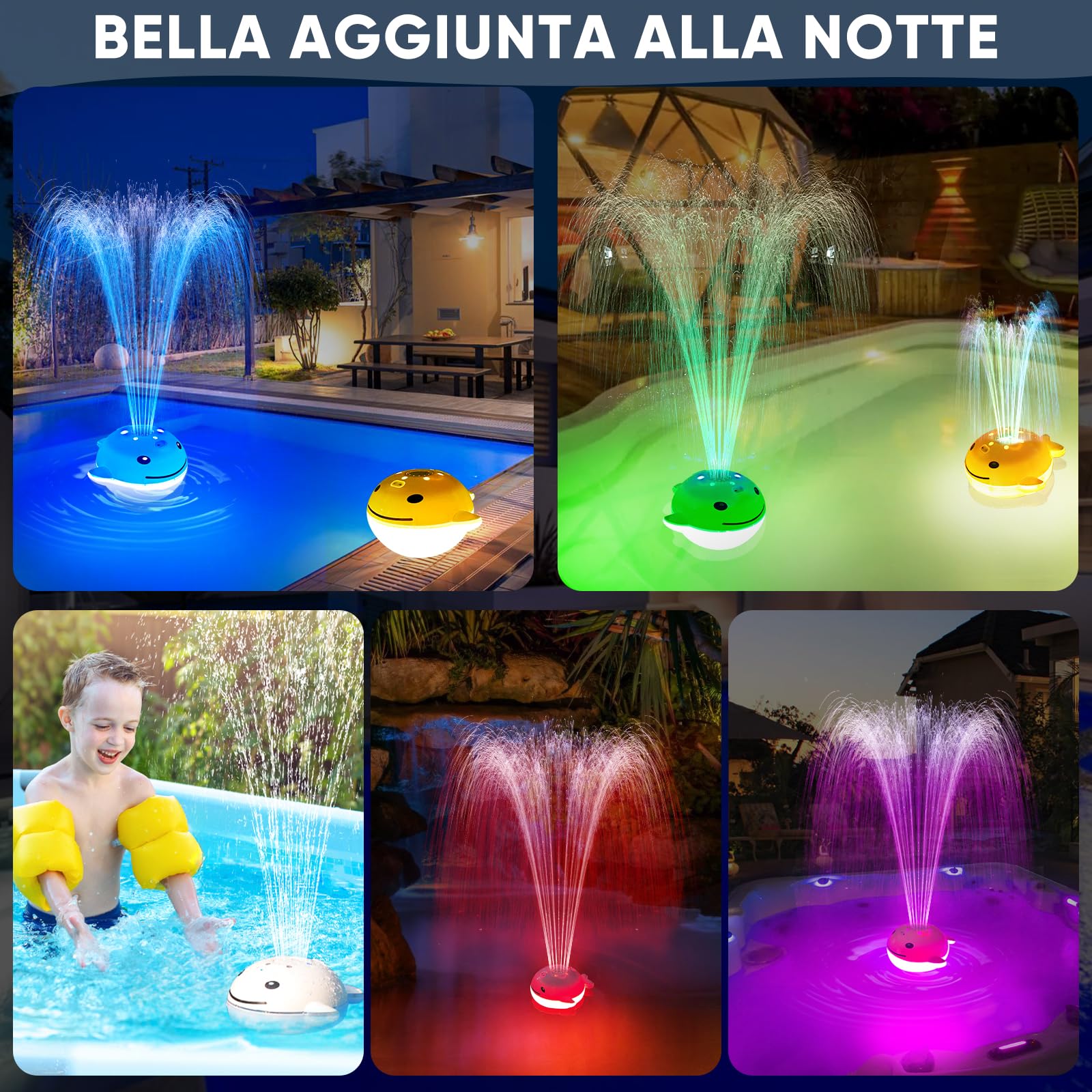 DeeprBling Fontana Galleggiante per Piscina con Spettacolo di Luci Subacquee, Fontana da Piscina a Batteria Ricaricabile, 2 Modalità di Spruzzatura con Telecomando e Pulsanti, 7 Modalità di Luce
