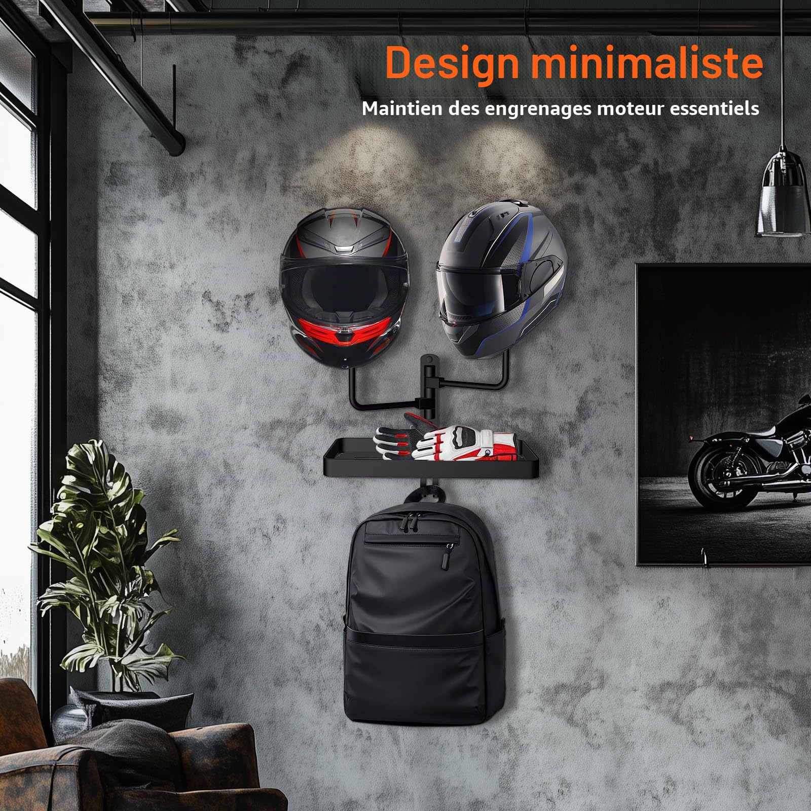 CASDUCT Porte-Casque Mural Rotatif 180° avec Crochet, Corbeille pour Accessoires Moto, Baseball, Perruque Noir