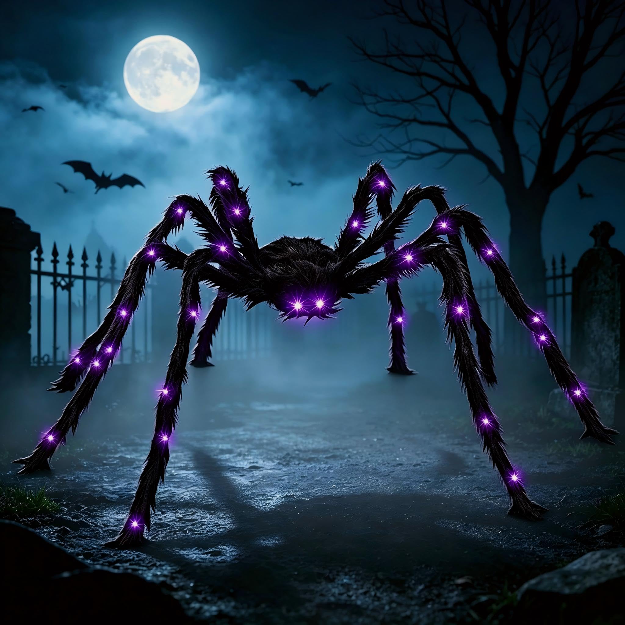 Halloween Spinne mit LED, Halloween Deko Outdoor Garten Gruselig Groß 125cm | Halloween Deko Garten Spinne Karneval PlüSch Riesenspinne Violett Licht