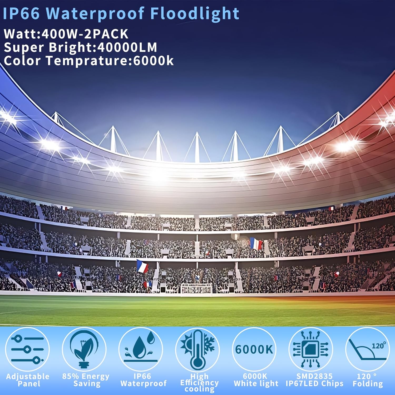 400W 2PACK Flood Lights Outdoor Stadium Lights Outdoor Led Flood Light Security Lights (40000LM 6000K) IP66 Waterproof Floodlight for Garage,Garden,Lawn,Yard,Parking Lot