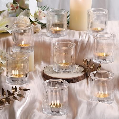 8 portavelas votivas acanaladas, portavelas de cristal para velas de té, candelabros transparentes para decoración de mesa de boda, decoración del