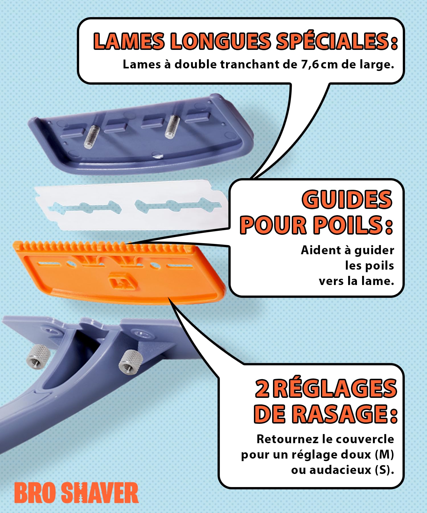 BroShaver 3.0 DIY Tondeuse pour le dos et le corps avec 6 lames – Rasage à sec ou humide pour hommes | Rasoir avec manche fendu et prise ergonomique