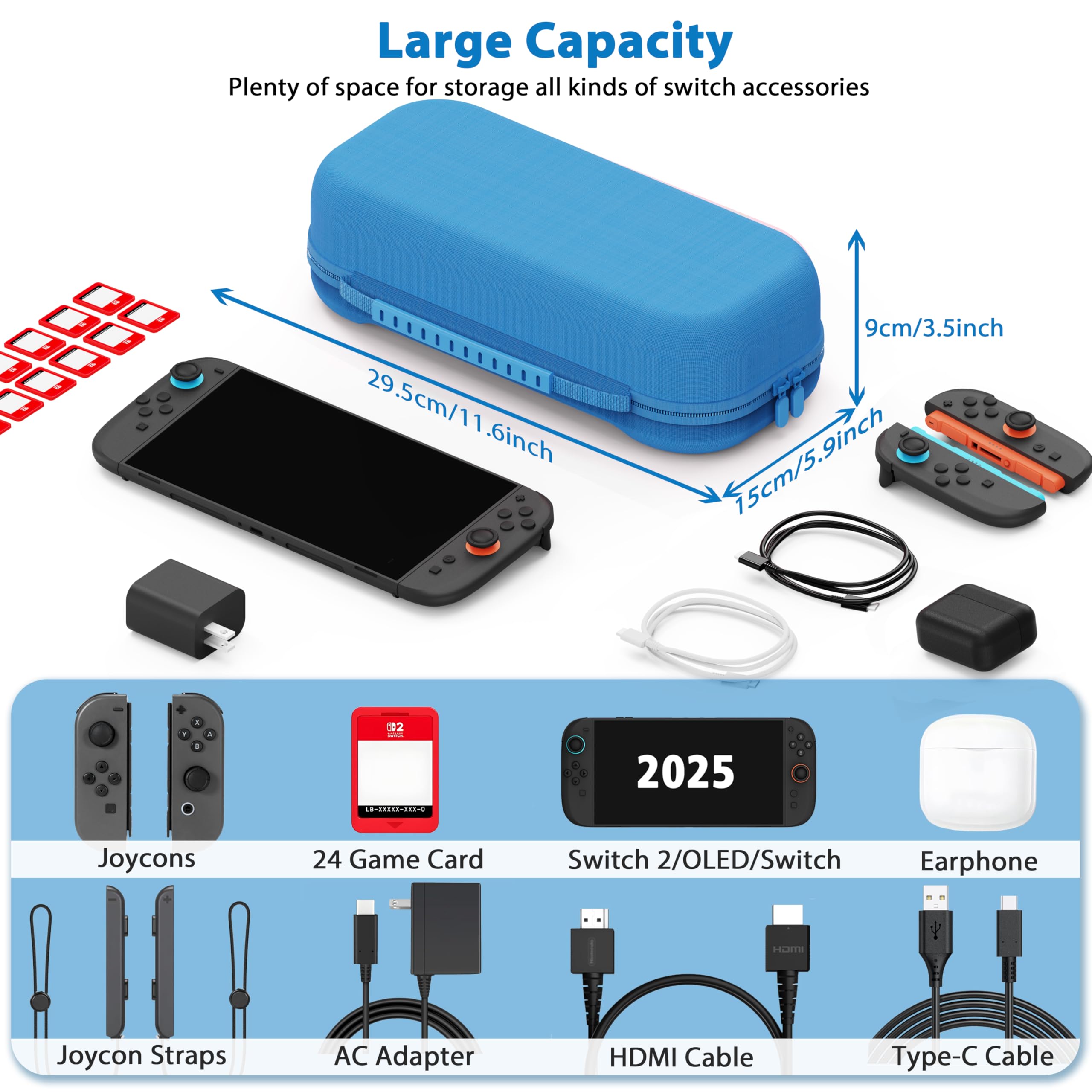 TIKOdirect Étui de transport pour Nintendo Switch 2 (2025) et Switch OLED 2021 et Switch 2017, sac de voyage rigide portable pour Joycon et adaptateur, étui de protection avec 24 emplacements pour