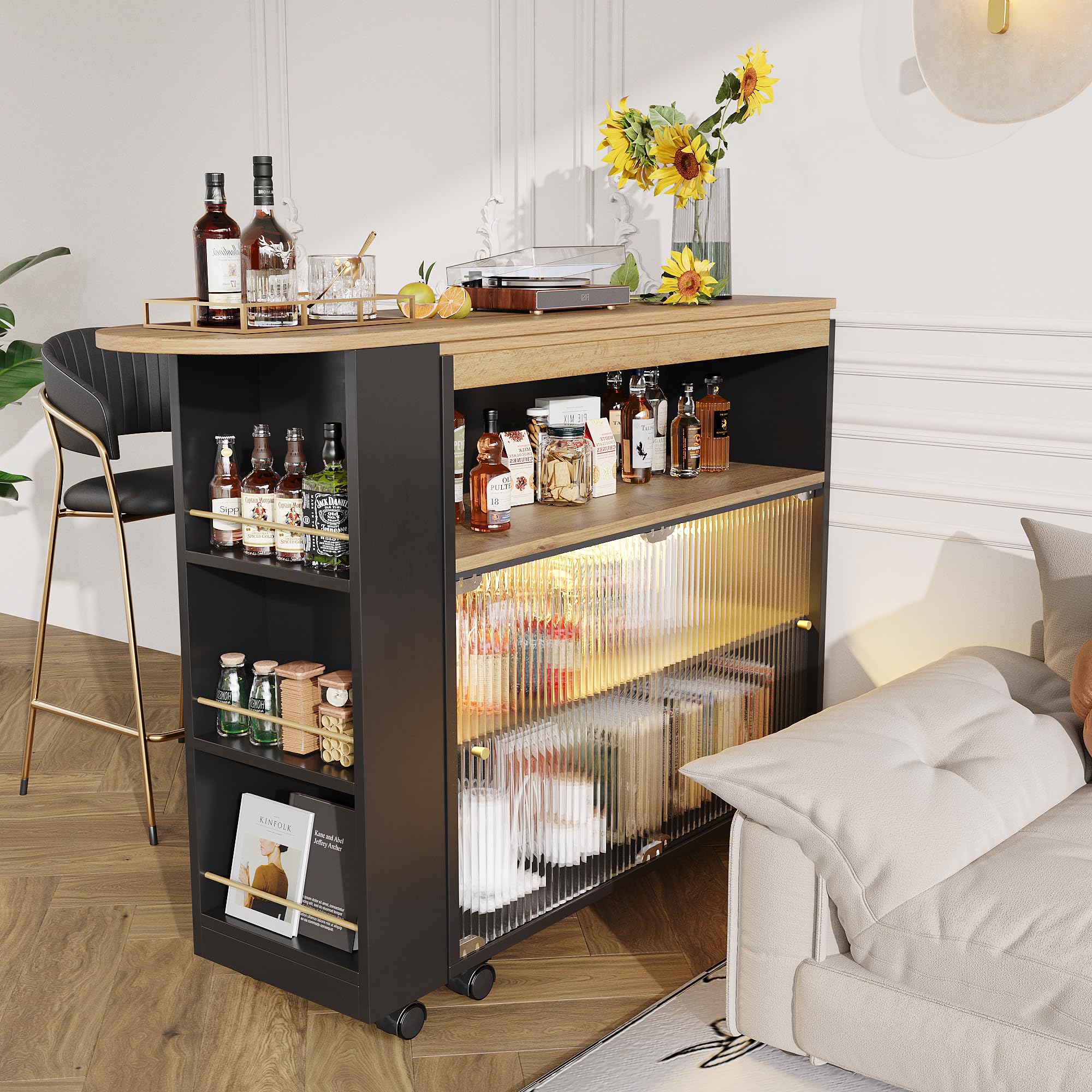 Racxily Barra extensible con estante, barra extensible moderna con LED, mesa de bar, mesa alta, isla de cocina, color negro (138-204 x 39 x 105 cm)