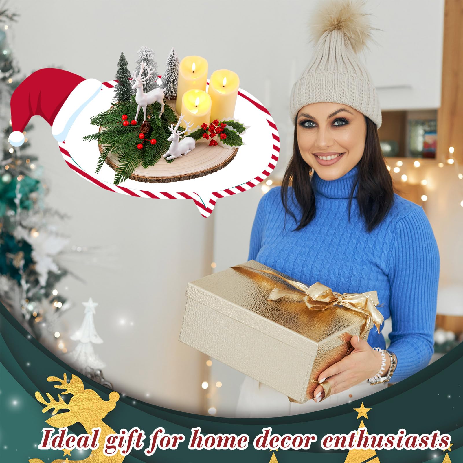 Lot de 14 tranches de bois de Noël pour tables - Décoration à faire soi-même - Dalles de bois naturel de 30,5 à 33 cm - Bougies - Branche de baies rouges - Mini arbres de Noël, rennes et