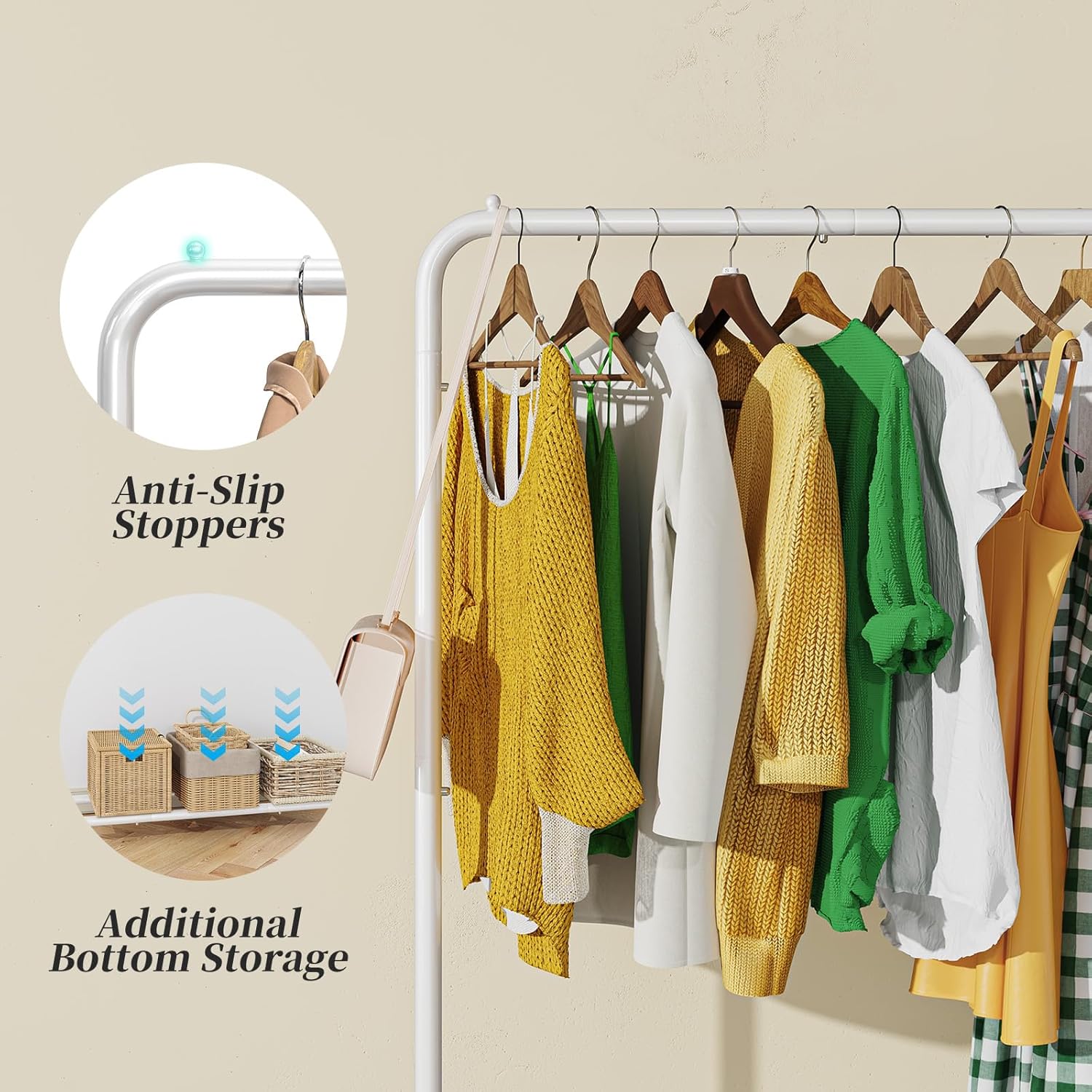 Simple Trending Standard Clothes Clothing Garment Rack with Storage Shelves, Rolling Clothes Organizer on Wheels for Hanging Clothes, White - Image 6