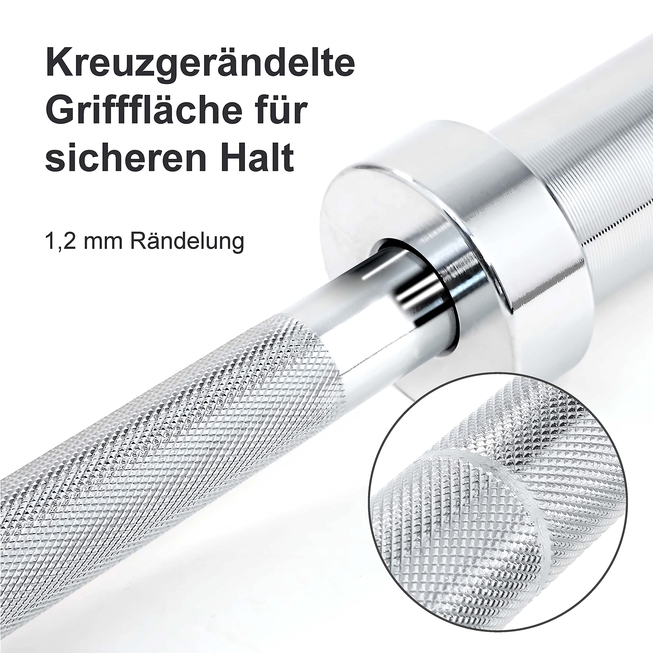 wuuhoo® Barre d'Haltère longue Herkules – 220cm Barre de Musculation, Compatible avec les plaques olympiques 50mm, Acier chromé, Ø 30mm Poignées moletées – Équipement de Gym à Domicile