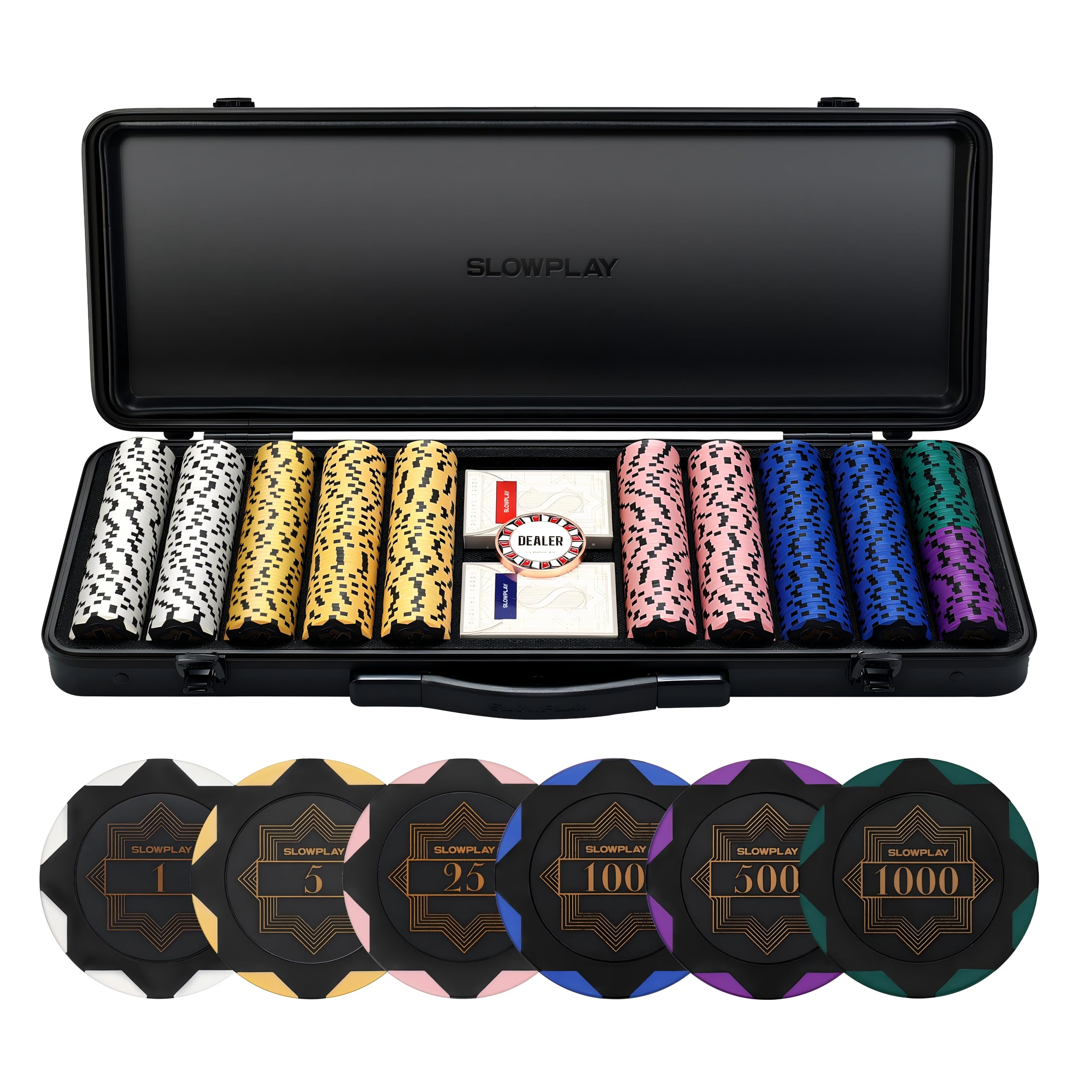 SLOWPLAY Nash Clay-Poker-Set, 14 g/40 mm Chips für Texas Hold’em | Black Gold Edition; 500 nummeriert (Full Set); Premium-Koffer mit PC-Schale; Clay-Verbundchips; Art-déco