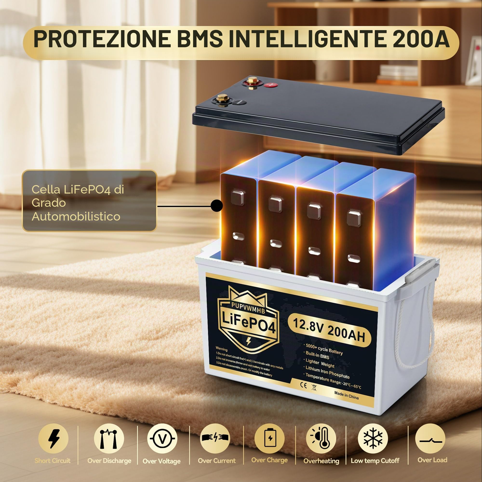 Batteria al litio Mini LiFePO4, 12 V, 200 Ah, 200 A, BMS, fino a 15000 cicli, max. 2560 Wh di energia con spegnimento a bassa temperatura, perfetta per camper, solare, motore a traina