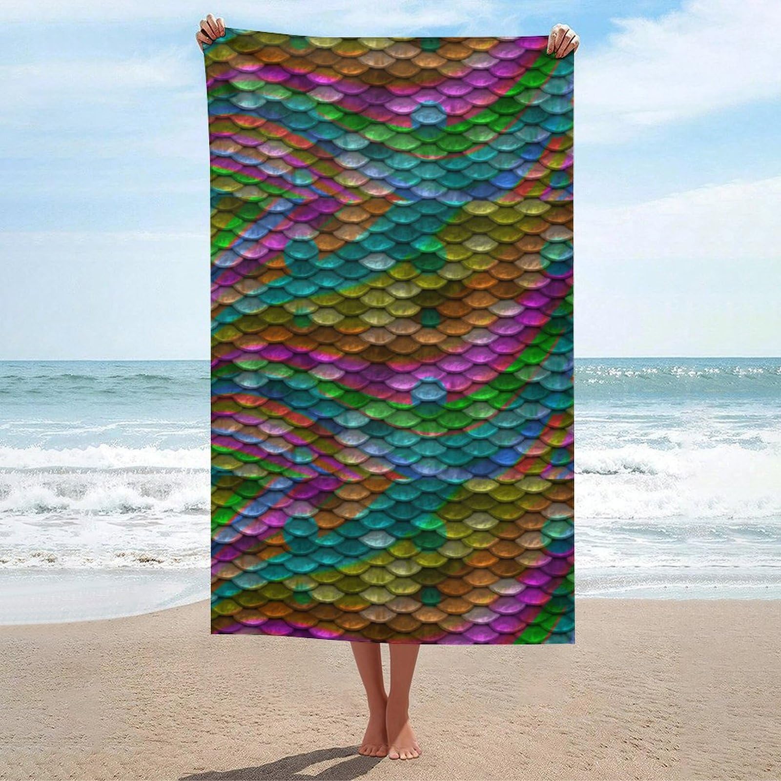 LEDFCVSU Beach Towel, Rainbow Fish Scales Bath Towel, Absorbent Towel for Swimming, Sports, Travel