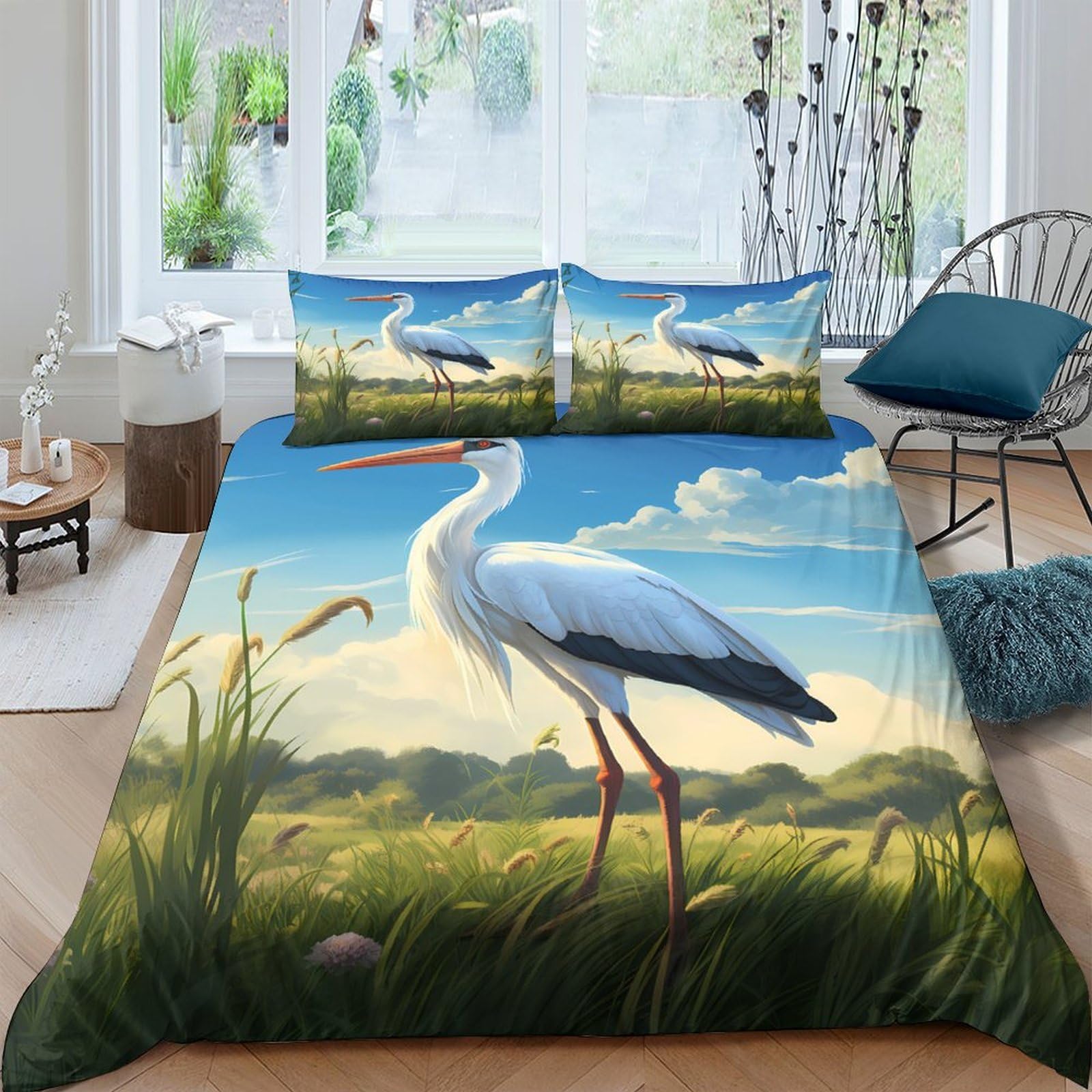 Ctjqhvkz Style-5 3D Printed White Heron Fitted Sheet Microfiber Green Meadow Bed Cover For Bedroom Guest Room Machine Washable Decor Single（135X200cm）