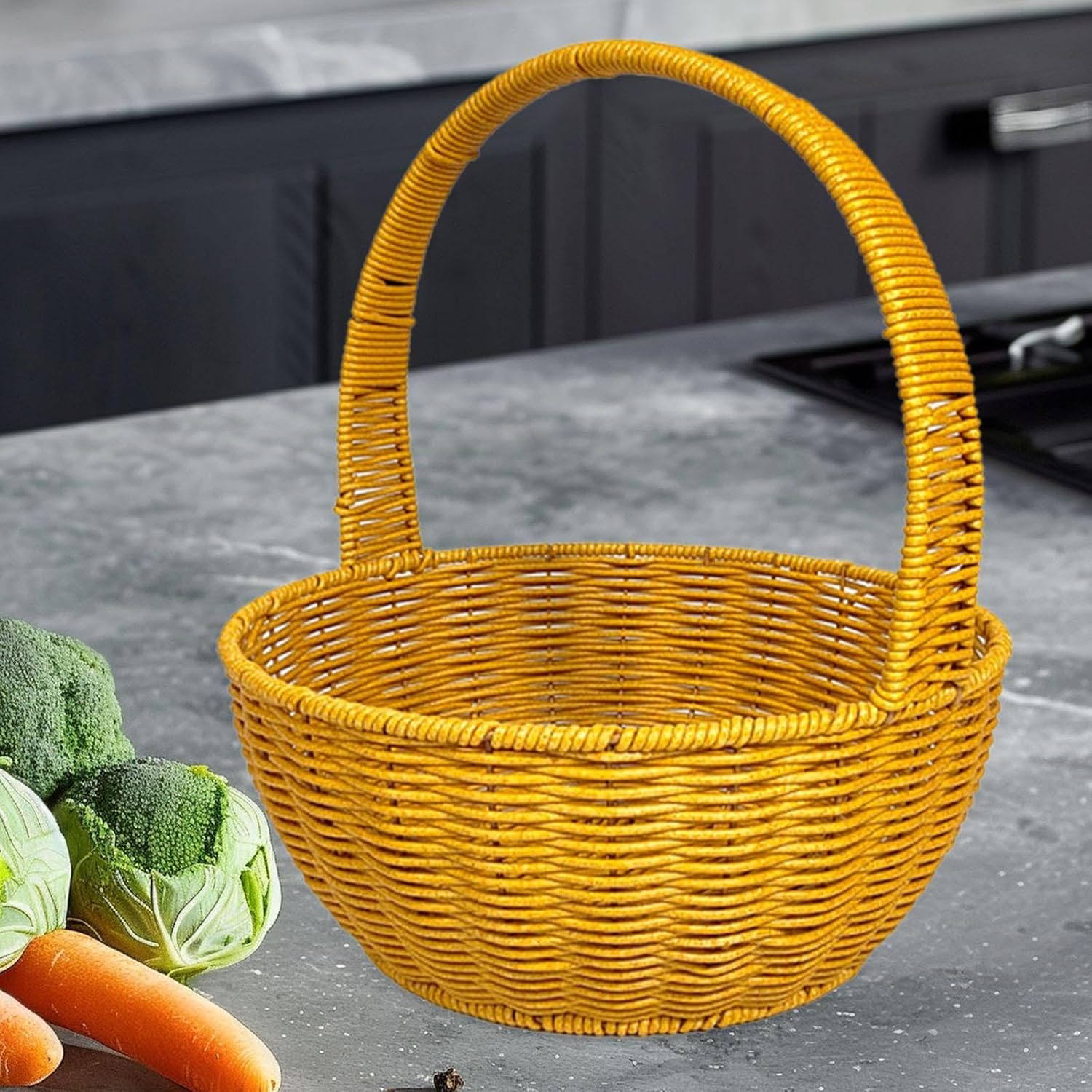 Handmade Woven Picnic Basket - Round PP Rattan Harvesting Serving Basket, Rustic Desktop Organizer for Home Use- 25cmx28cm