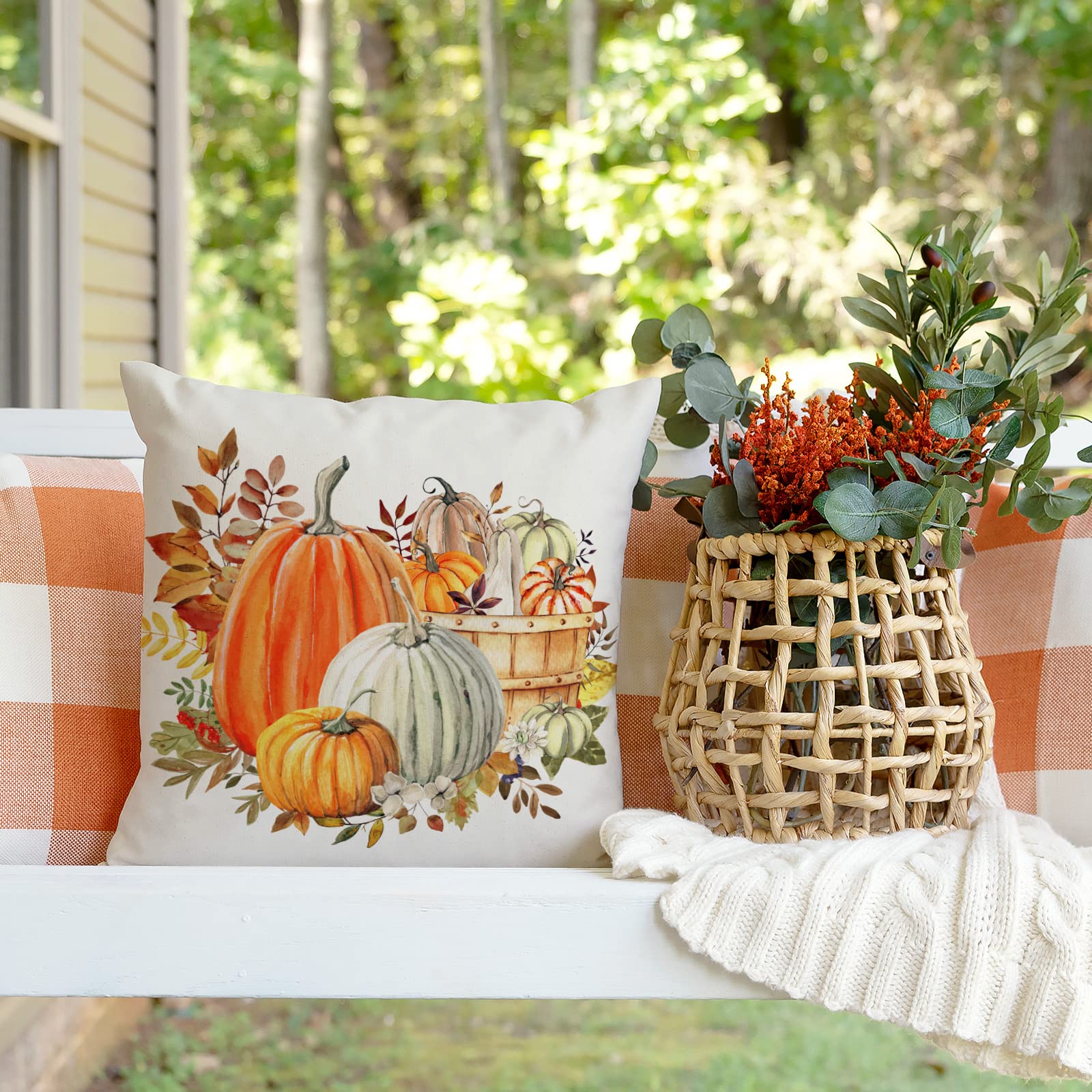 Set Of 4 Fall Throw Pillow Covers – Pumpkin & Car Watercolor Print, 18x18 Inch